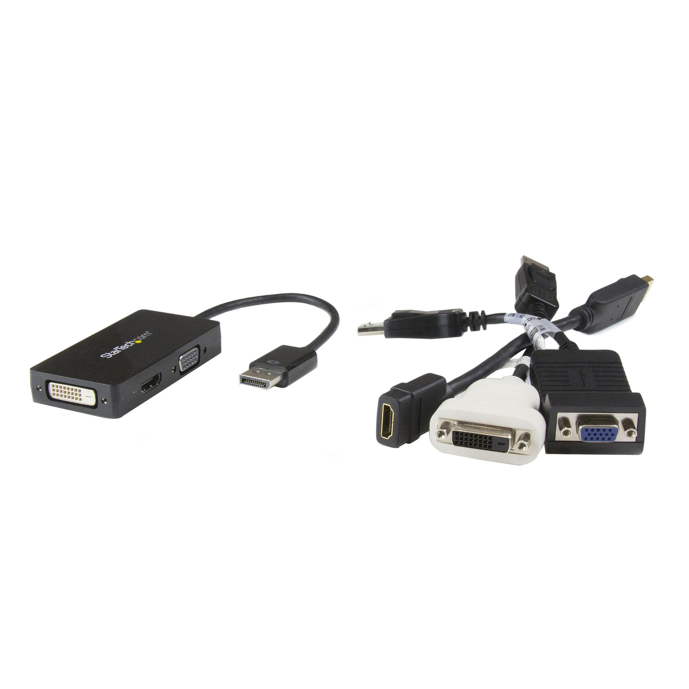 Un adaptador negro con conexiones DVI, HDMI, DisplayPort y un cable VGA.