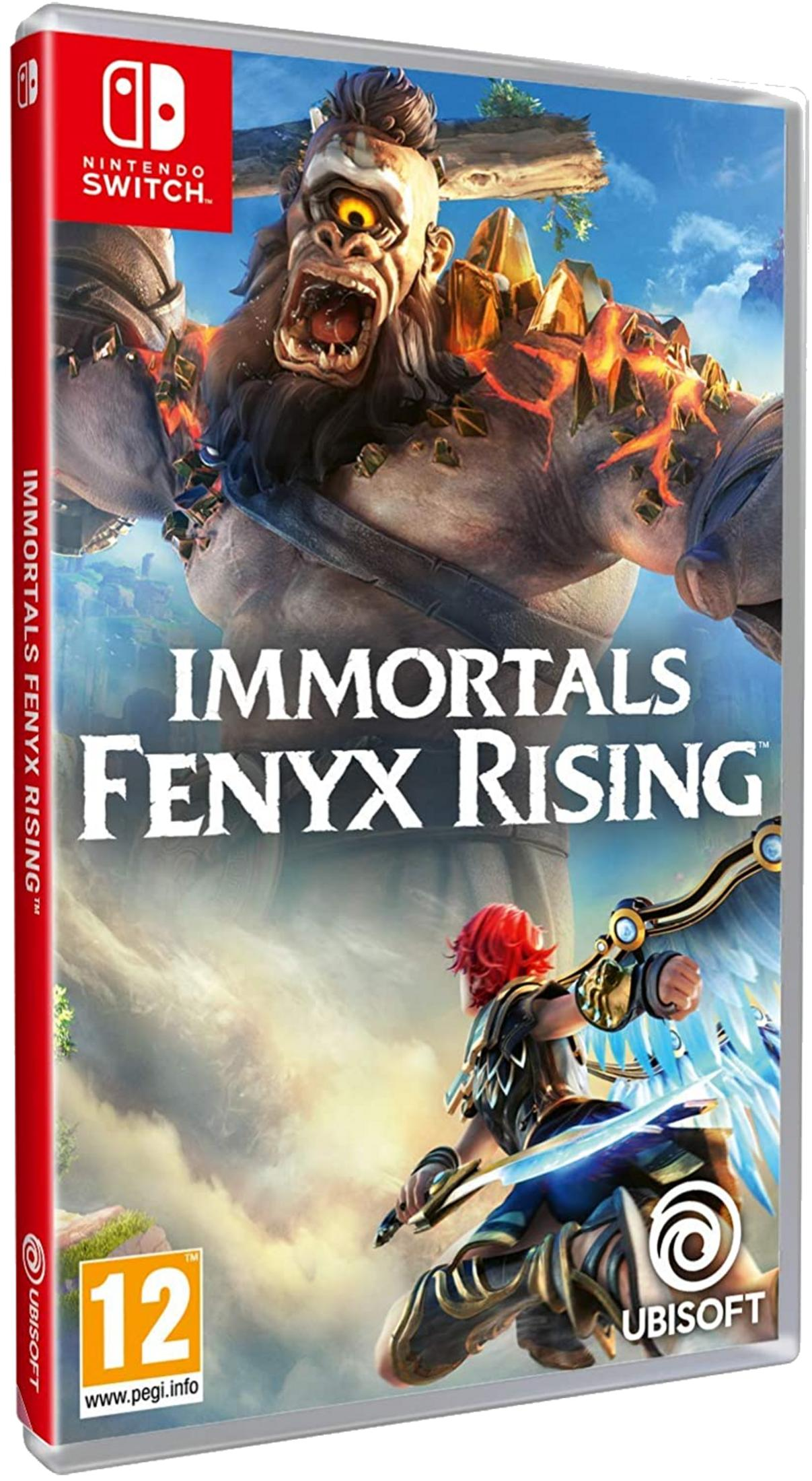 Portada del juego Immortals Fenyx Rising para Nintendo Switch. Incluye un cíclope y Fenyx.