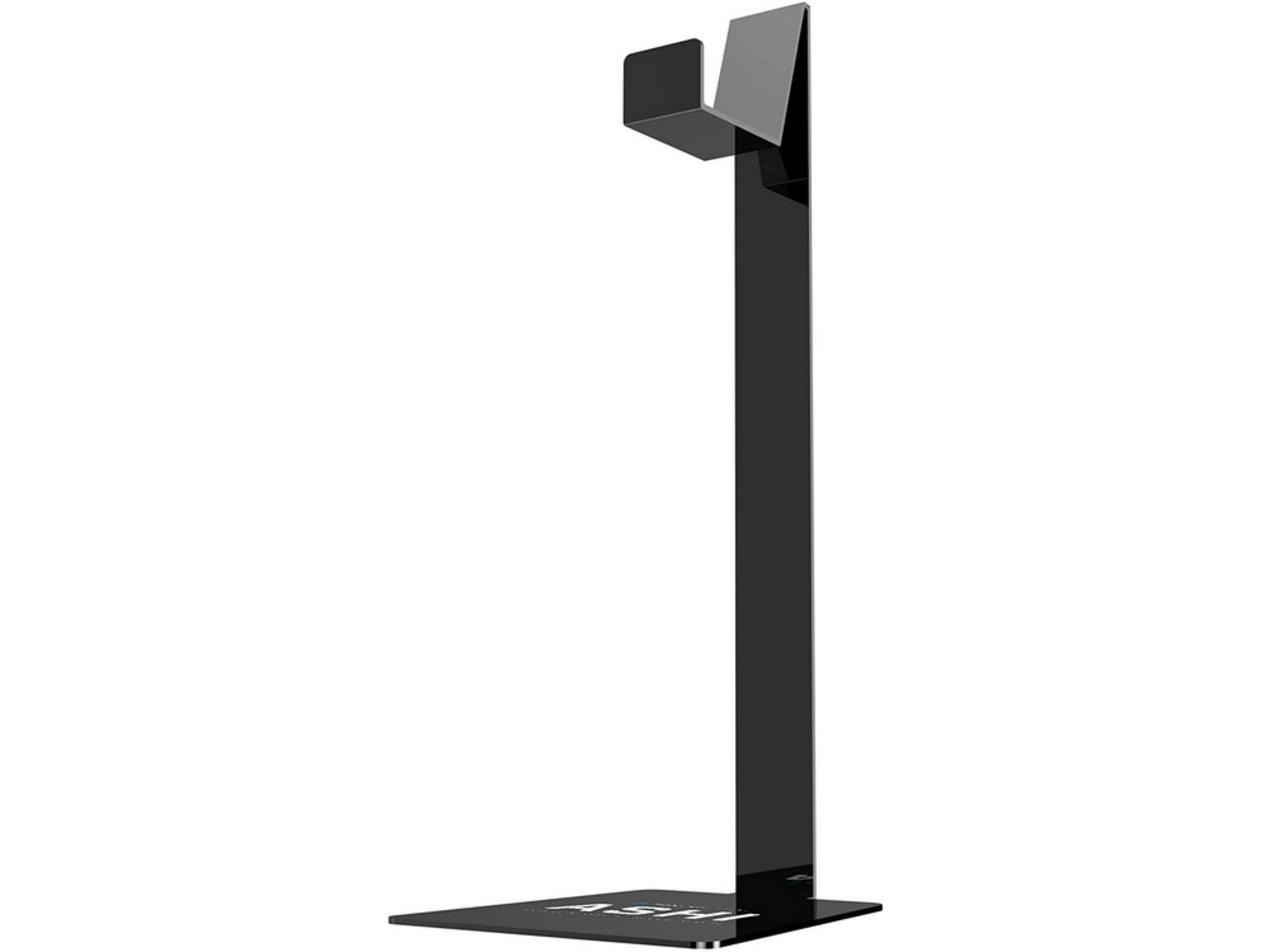 Un soporte negro y brillante para auriculares de acrílico se muestra sobre fondo blanco.