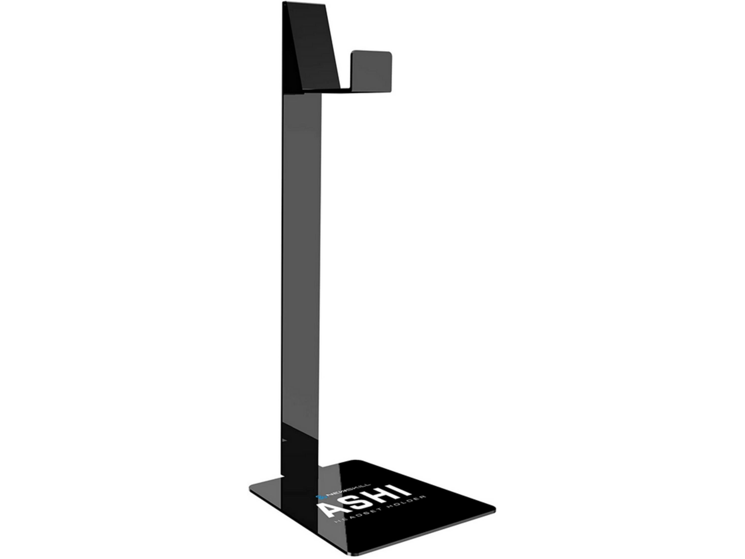 Un soporte negro para auriculares con base rectangular y poste vertical con gancho.