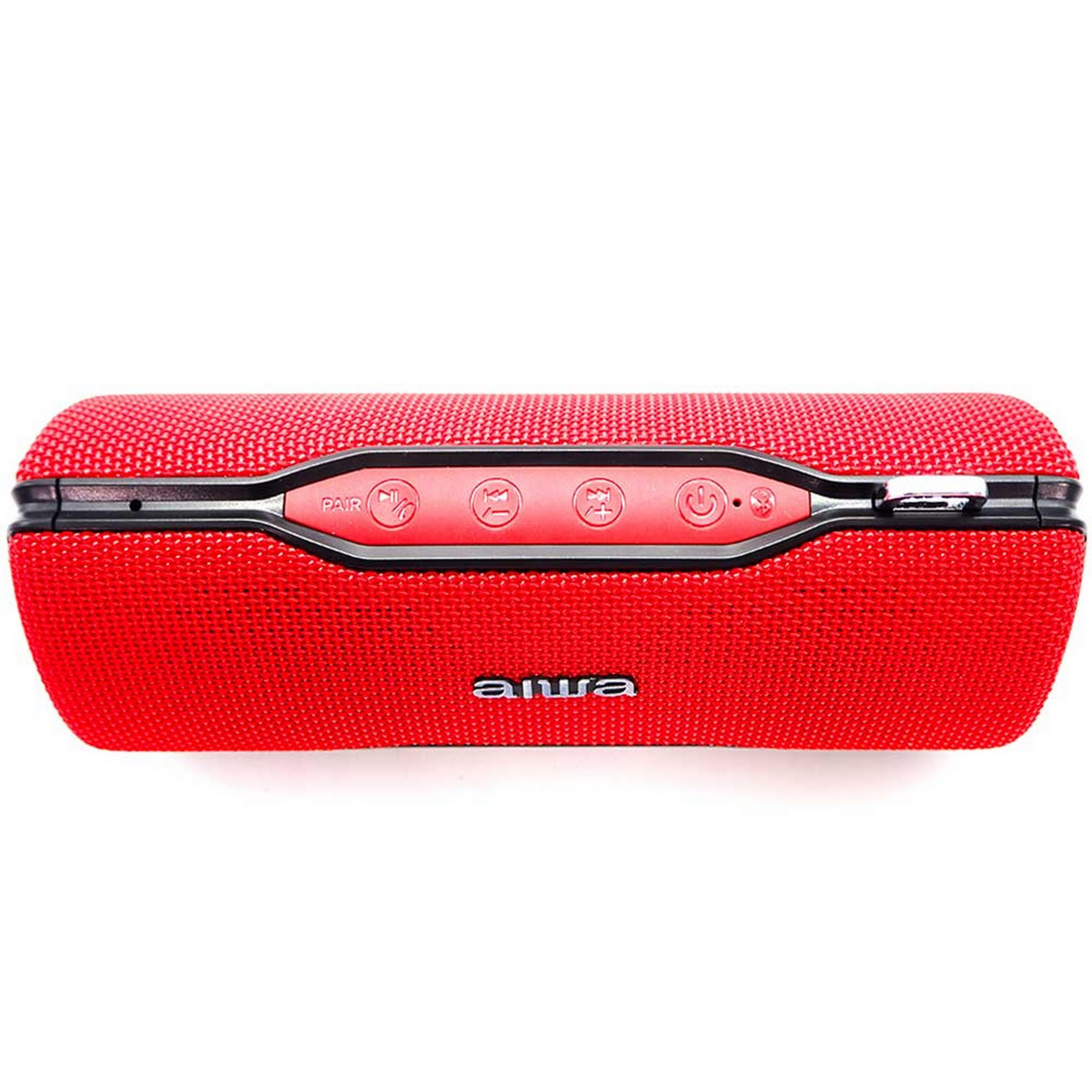 Üstünde kontrol düğmeleri ve logosu bulunan kırmızı Aiwa Bluetooth hoparlör.
