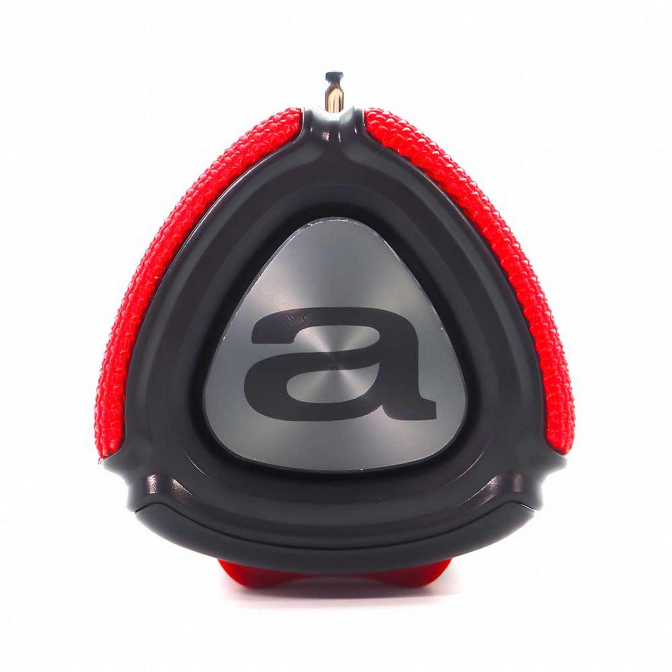 Gümüş amblemli, siyah ve kırmızı renkli üçgen hoparlör.
