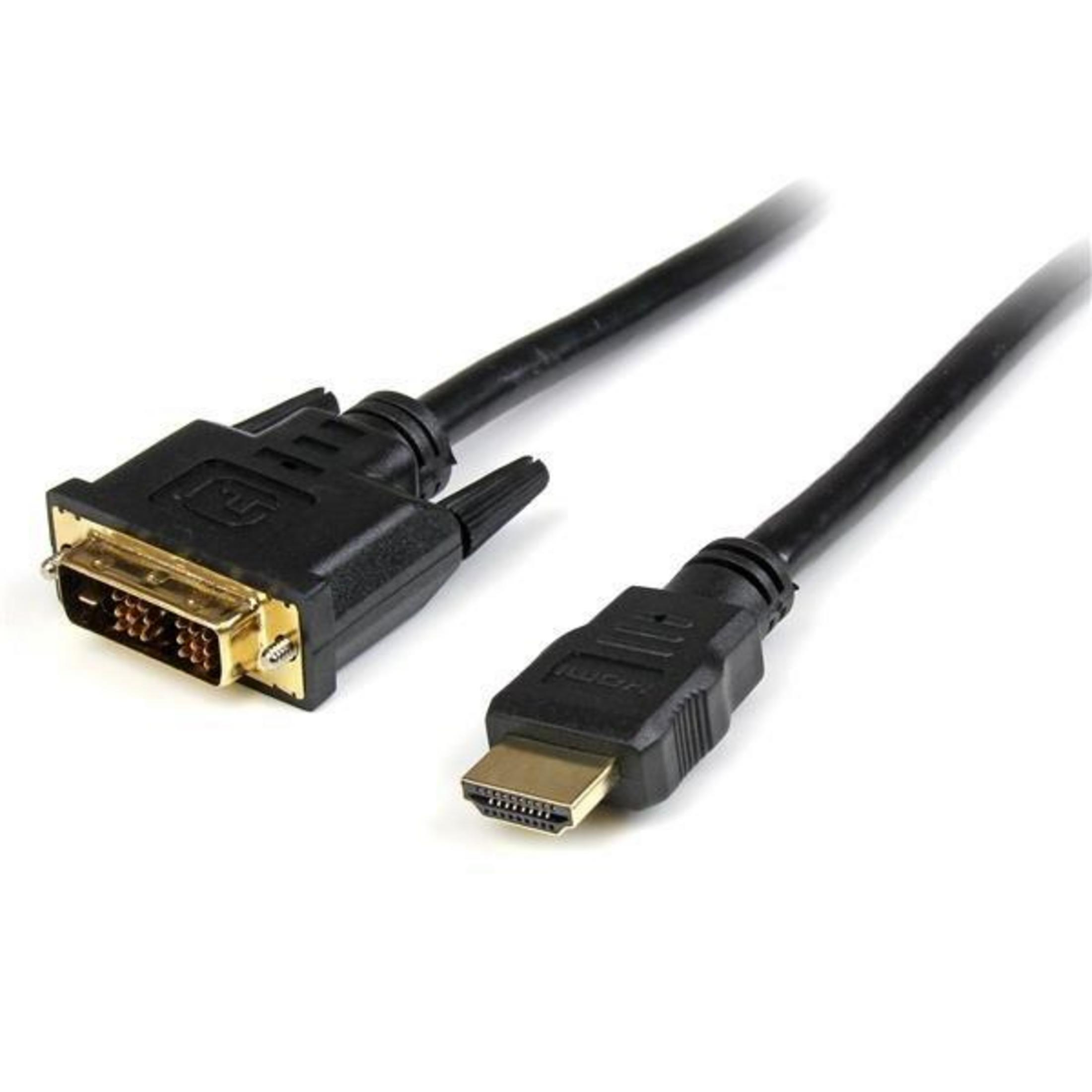 Ein schwarzes DVI-zu-HDMI-Kabel mit goldenen Anschlüssen auf weißem Hintergrund.
