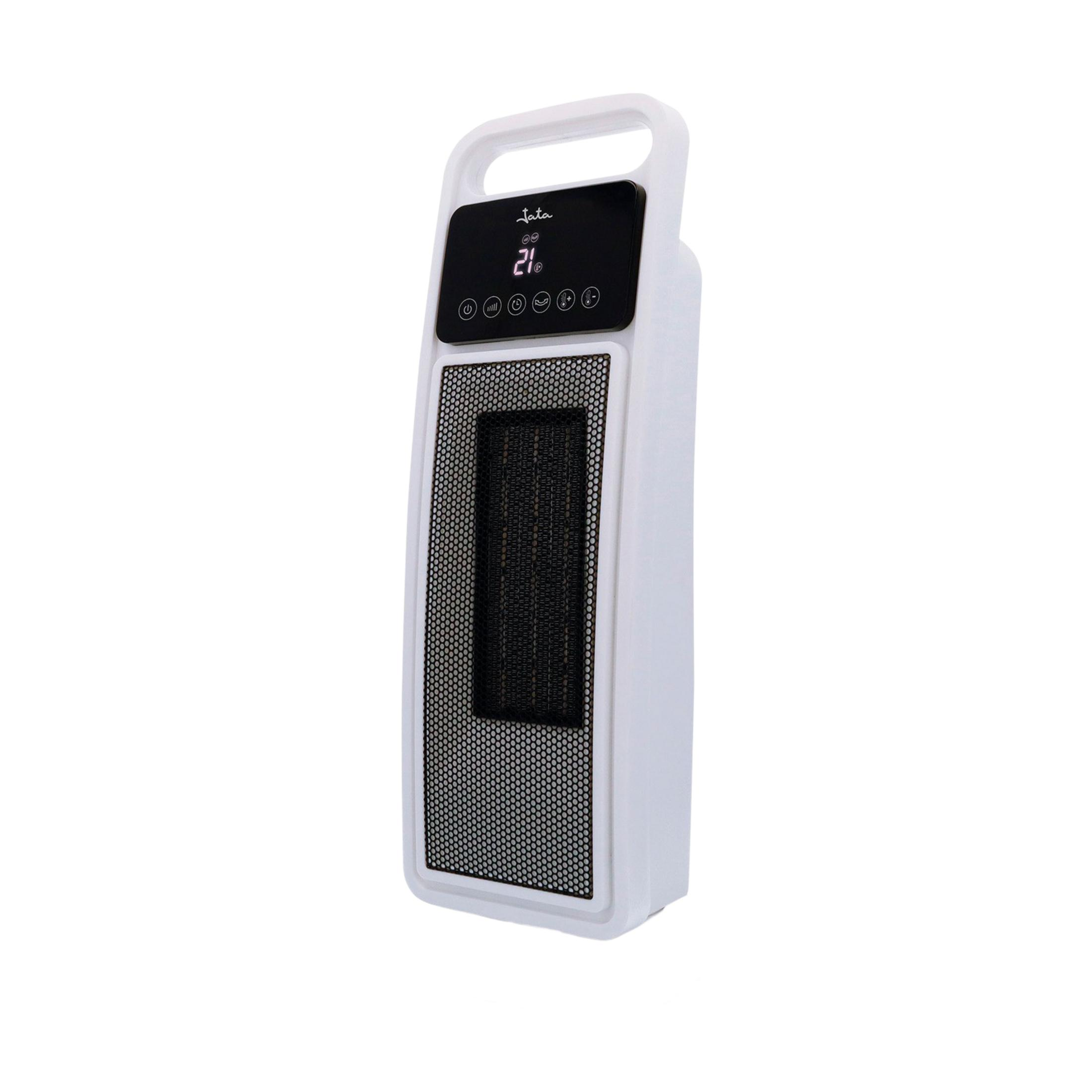 Un termoventilatore portatile bianco con pannello di controllo nero e griglia di ventilazione.