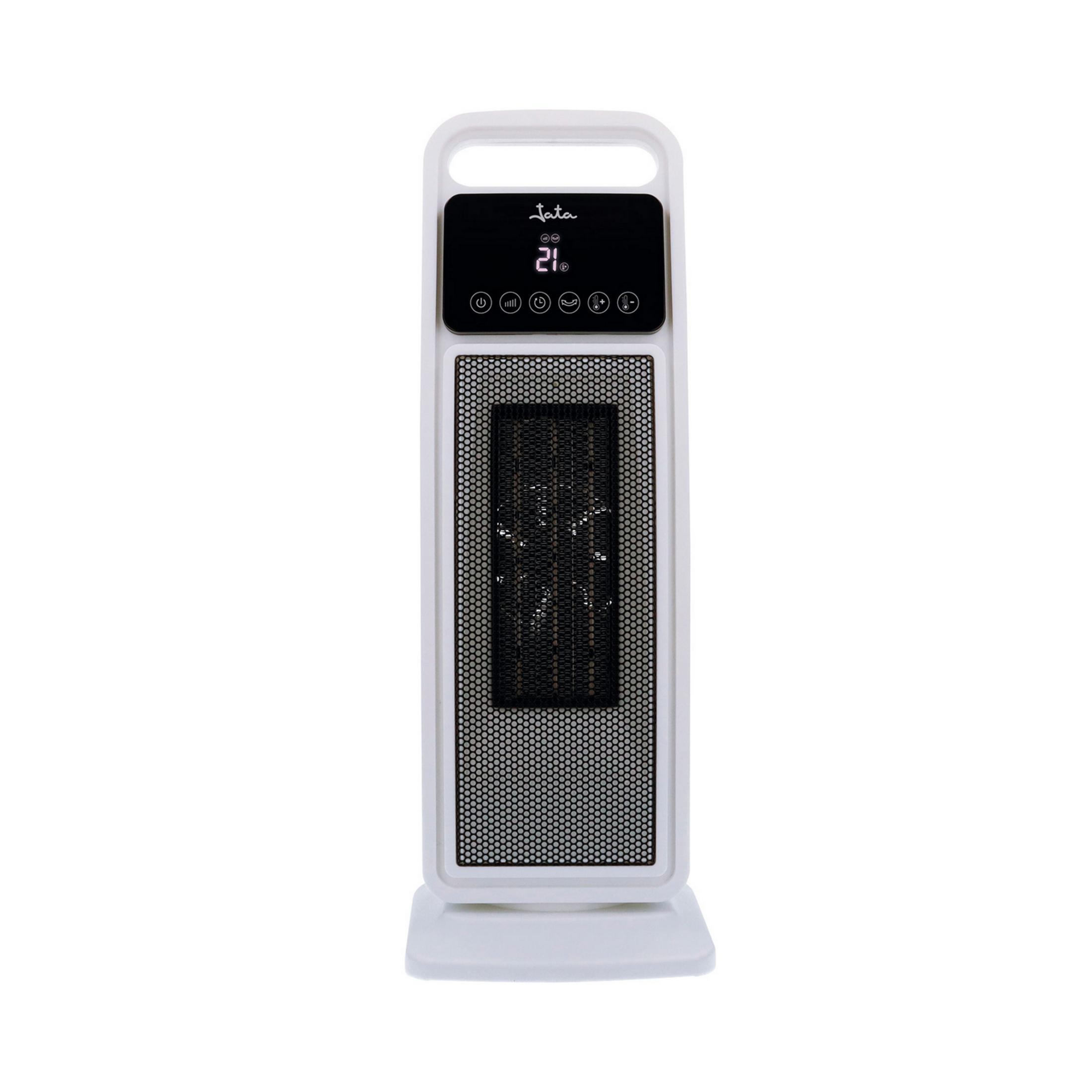 Un termoventilatore bianco a torre con griglia di ventilazione nera e display digitale.