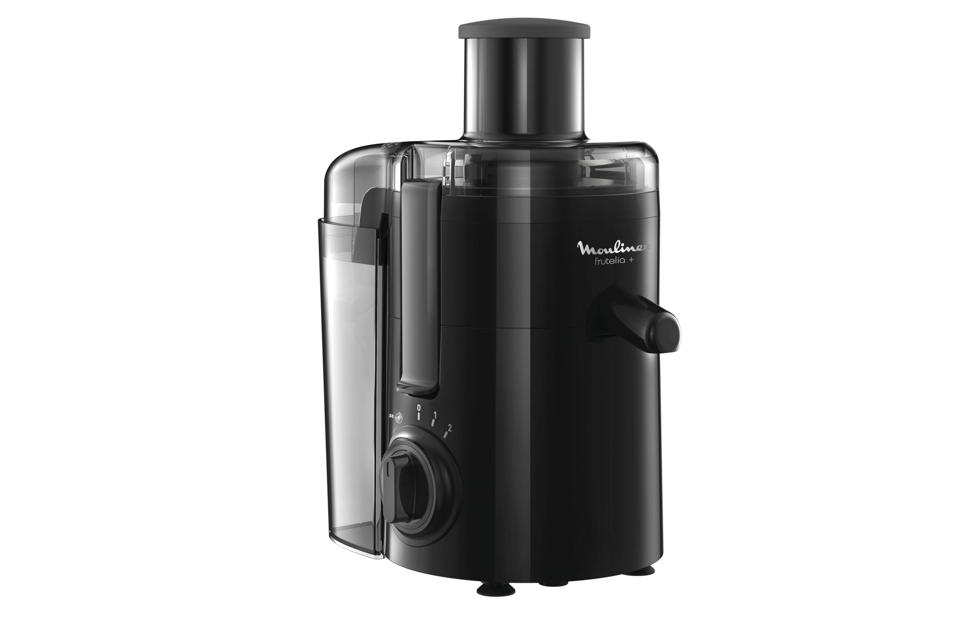 Centrifuga nera con raccoglipolpa trasparente, ghiera e tubo di alimentazione.