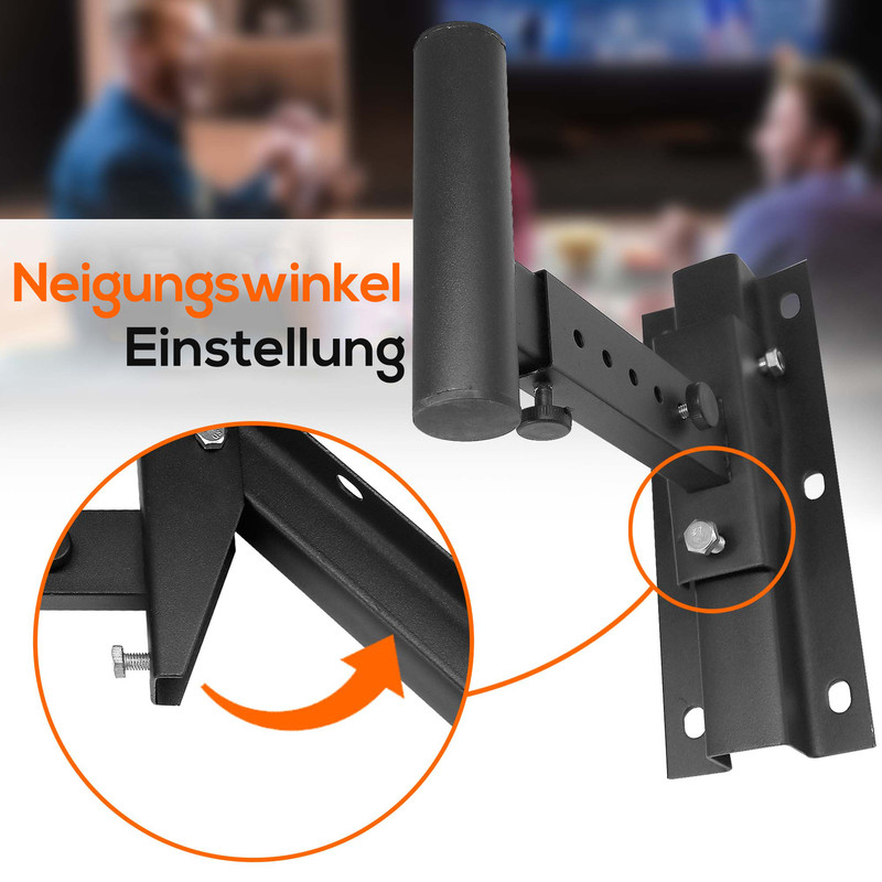 Schwarze Wandhalterung mit verstellbarem Neigungswinkel, Nahaufnahme der Gelenke.