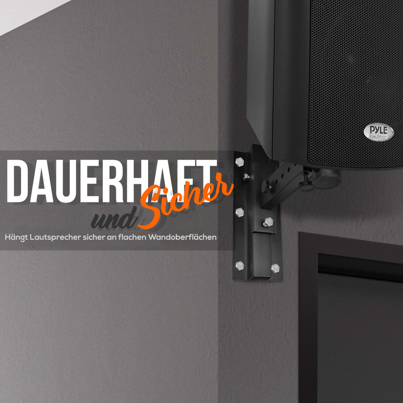 Schwarzer Lautsprecher an Wandhalterung, mit Text „DAUERHAFT und SICHER“.