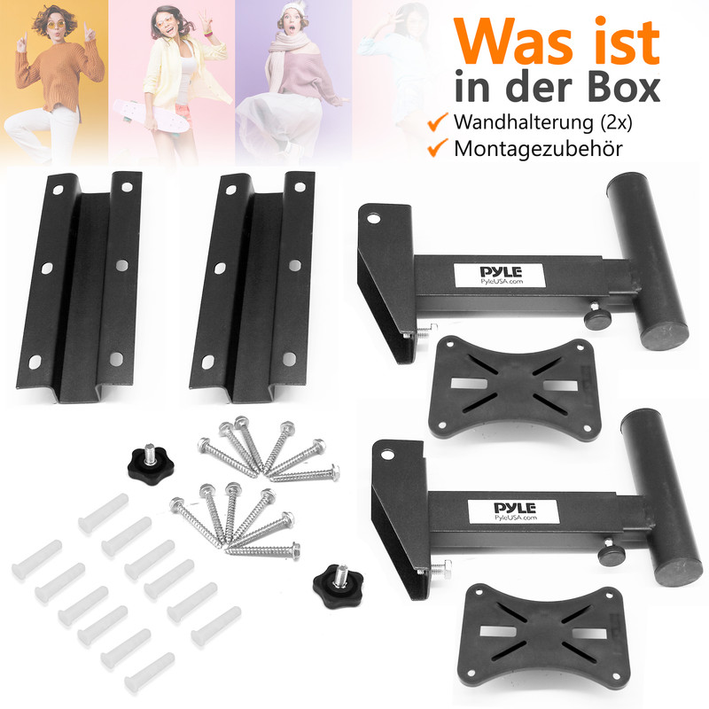 Inhalt der Box: 2 Wandhalterungen und Montagematerial von Pyle.