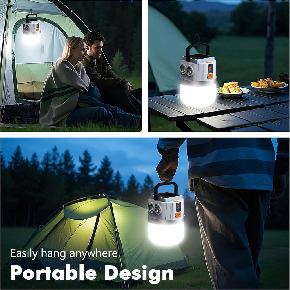 Campinglampe auf einem Tisch, Paar im Zelt und Person mit Lampe.