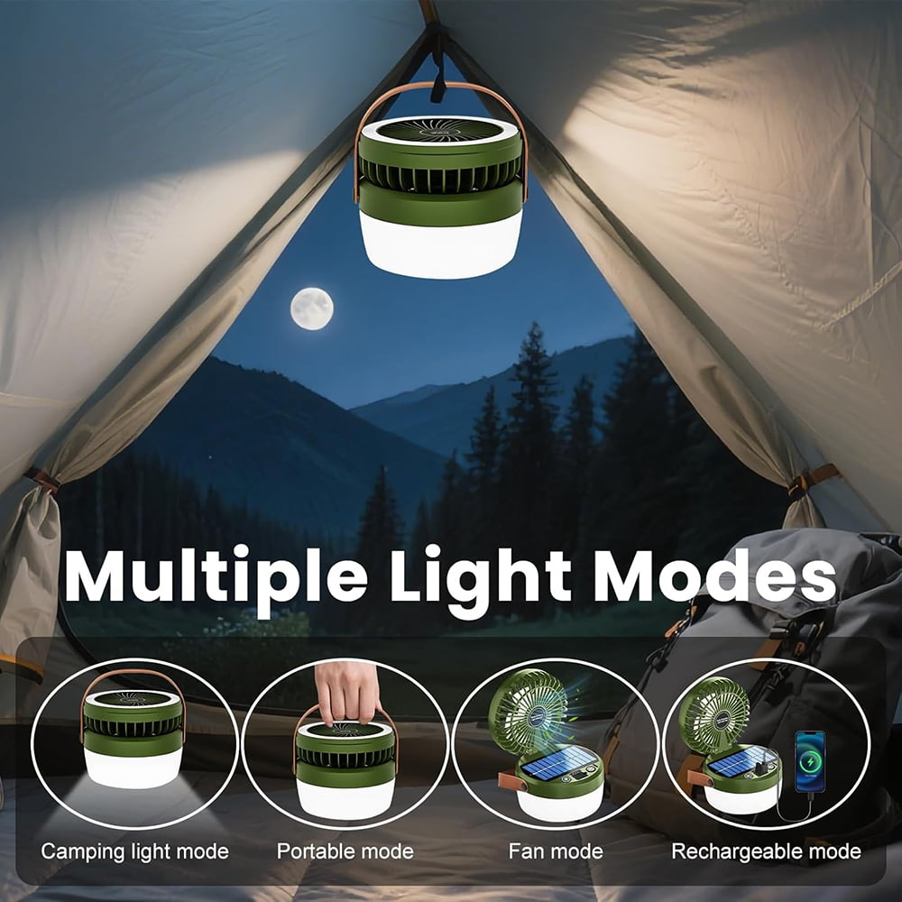 Ein Campinglicht mit Lüfterfunktion hängt in einem Zelt unter dem Mond.