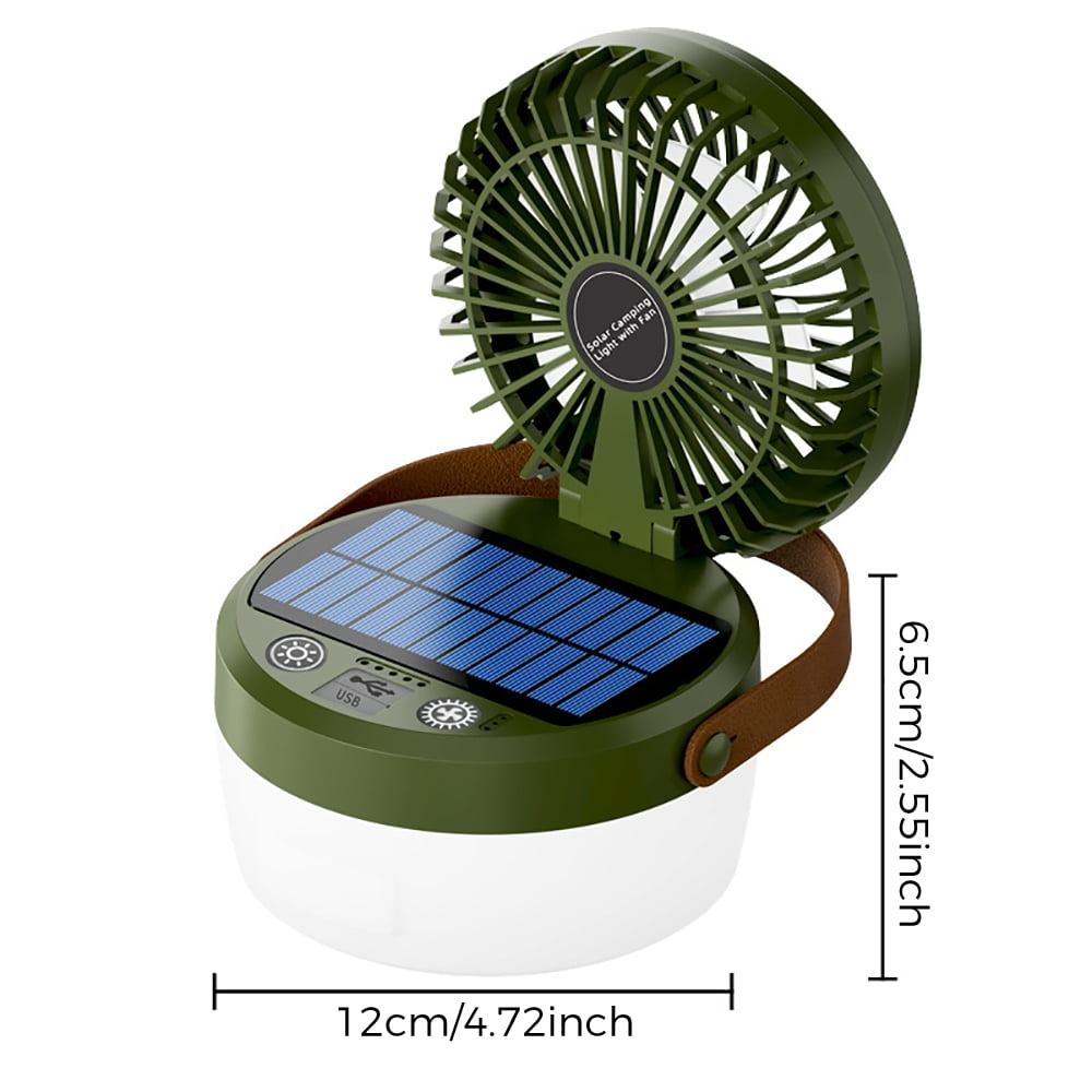 Grüne Solar-Campingleuchte mit Ventilator, USB-Anschluss und Ledergriff. Maße angegeben.