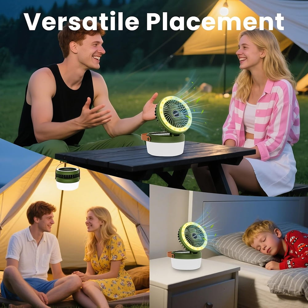 Ein tragbarer Ventilator mit Lampe in vier Szenarien: Camping, im Zelt, auf einem Tisch und neben einem schlafenden Kind.