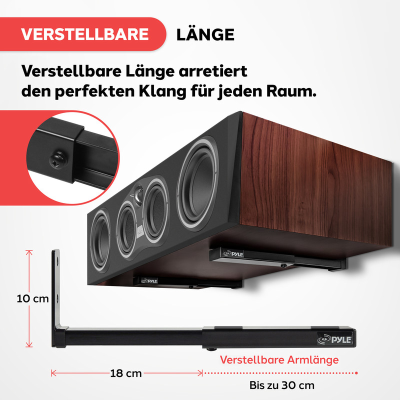 Verstellbare Lautsprecherhalterung mit Längenangaben und Lautsprecher im Nahaufnahme.