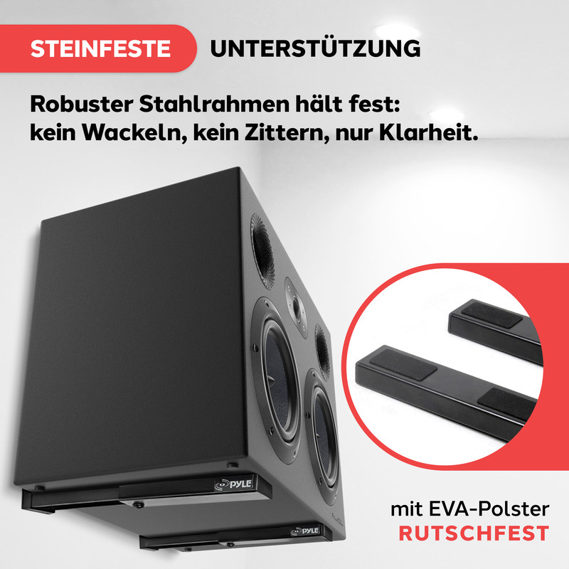 Schwarzer Lautsprecher auf robustem Stahlrahmen mit EVA-Polsterung.