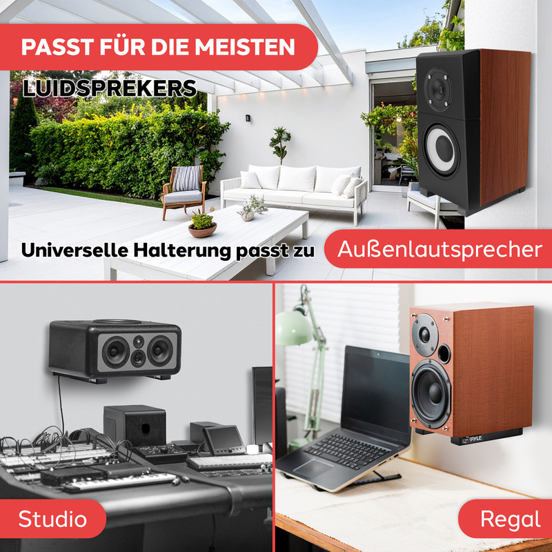 Vier Lautsprecherhalterungen in verschiedenen Umgebungen: Außenbereich, Studio, Regal.
