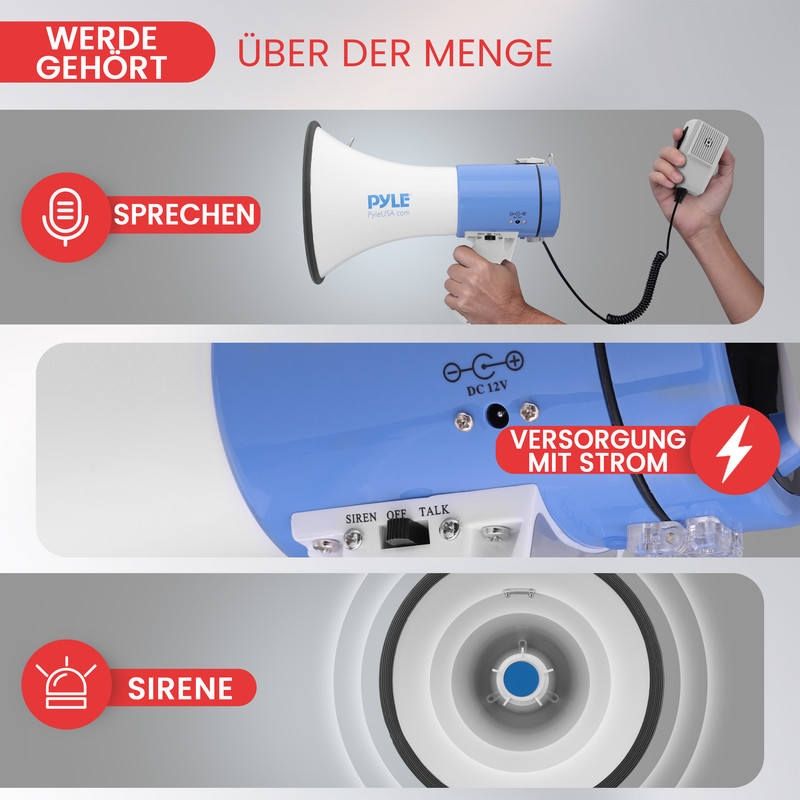 Ein Megafon mit Mikrofon, DC 12V Anschluss und Sirenenfunktion.