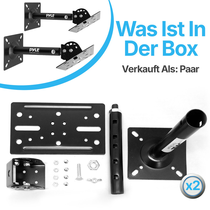 Zwei Lautsprecherhalterungen mit Montagezubehör auf weißem Hintergrund.