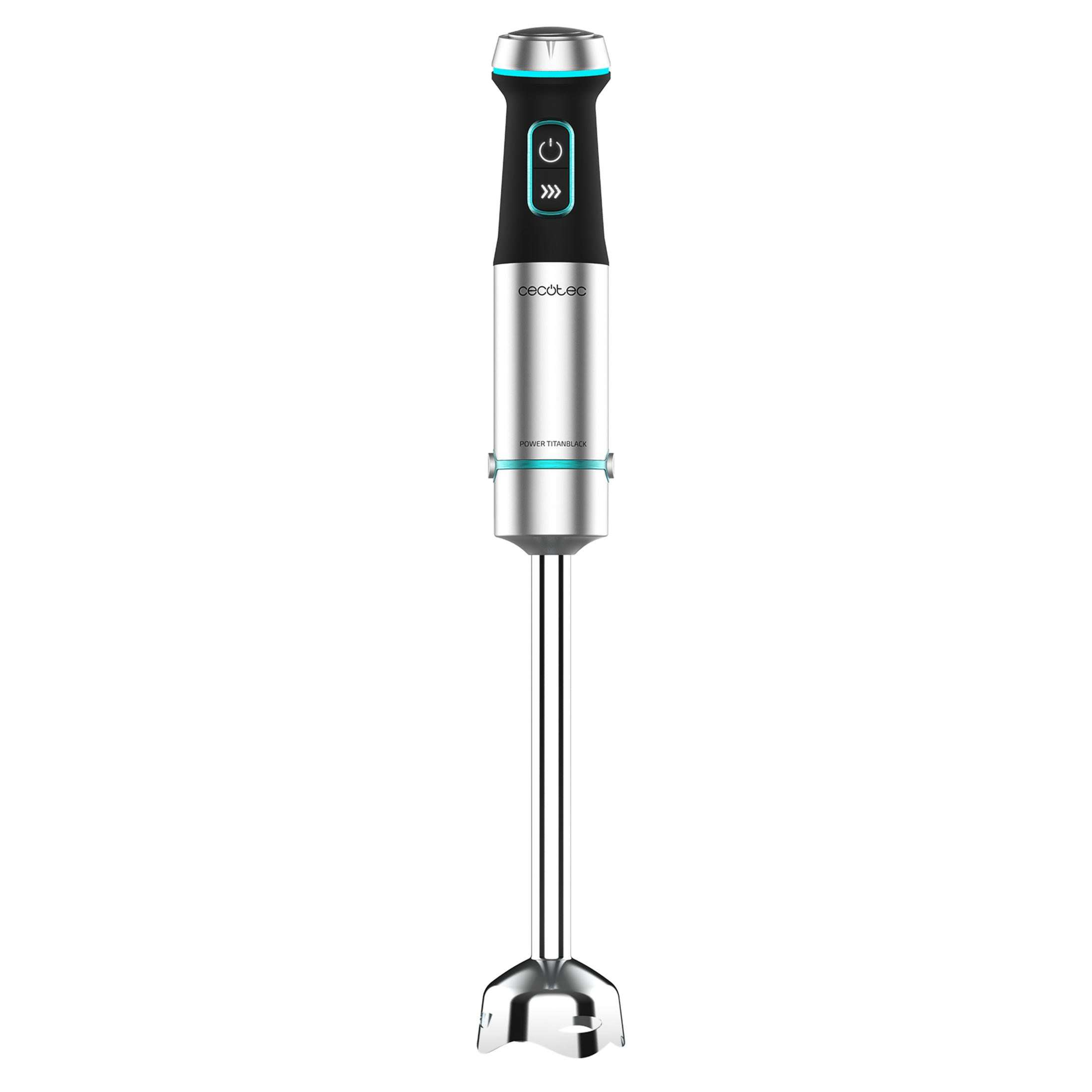 Silver immersion blender with black handle and blue accents on white background.