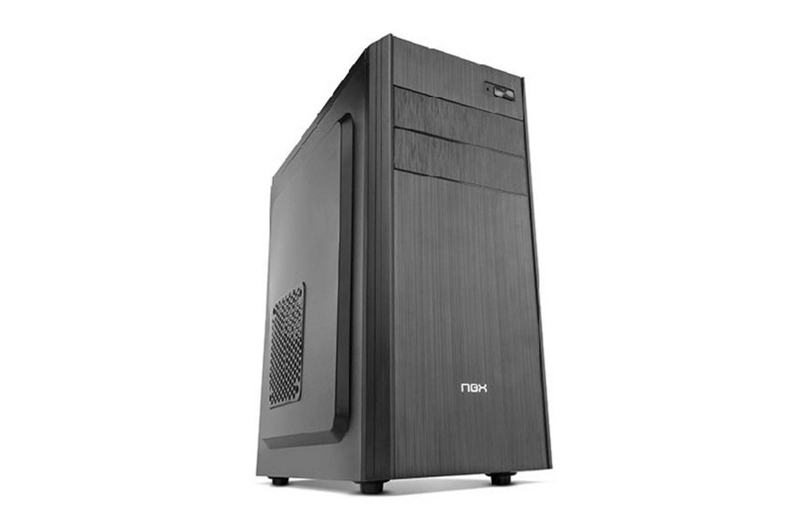 Una tower del computer nera con finitura spazzolata e griglie di ventilazione.