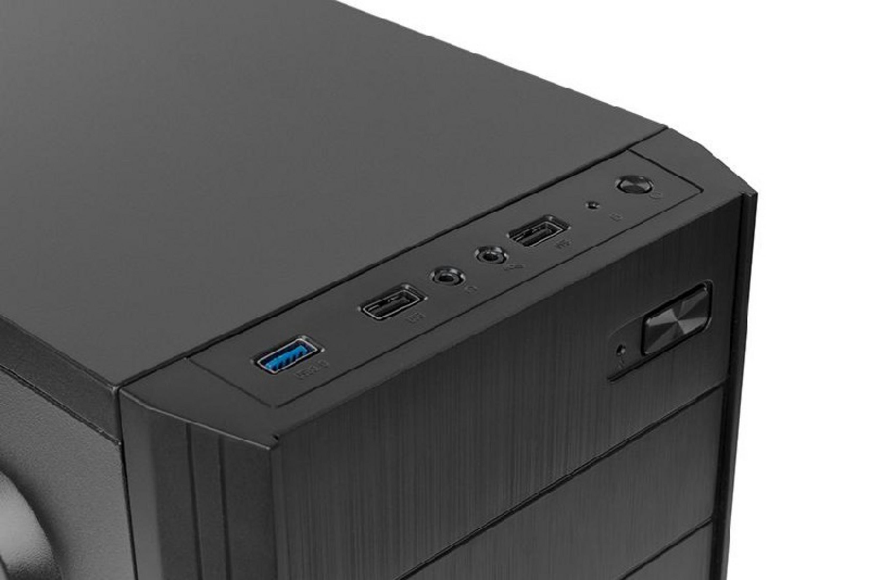 Dettaglio ravvicinato di un case per computer nero con porte USB e jack audio.