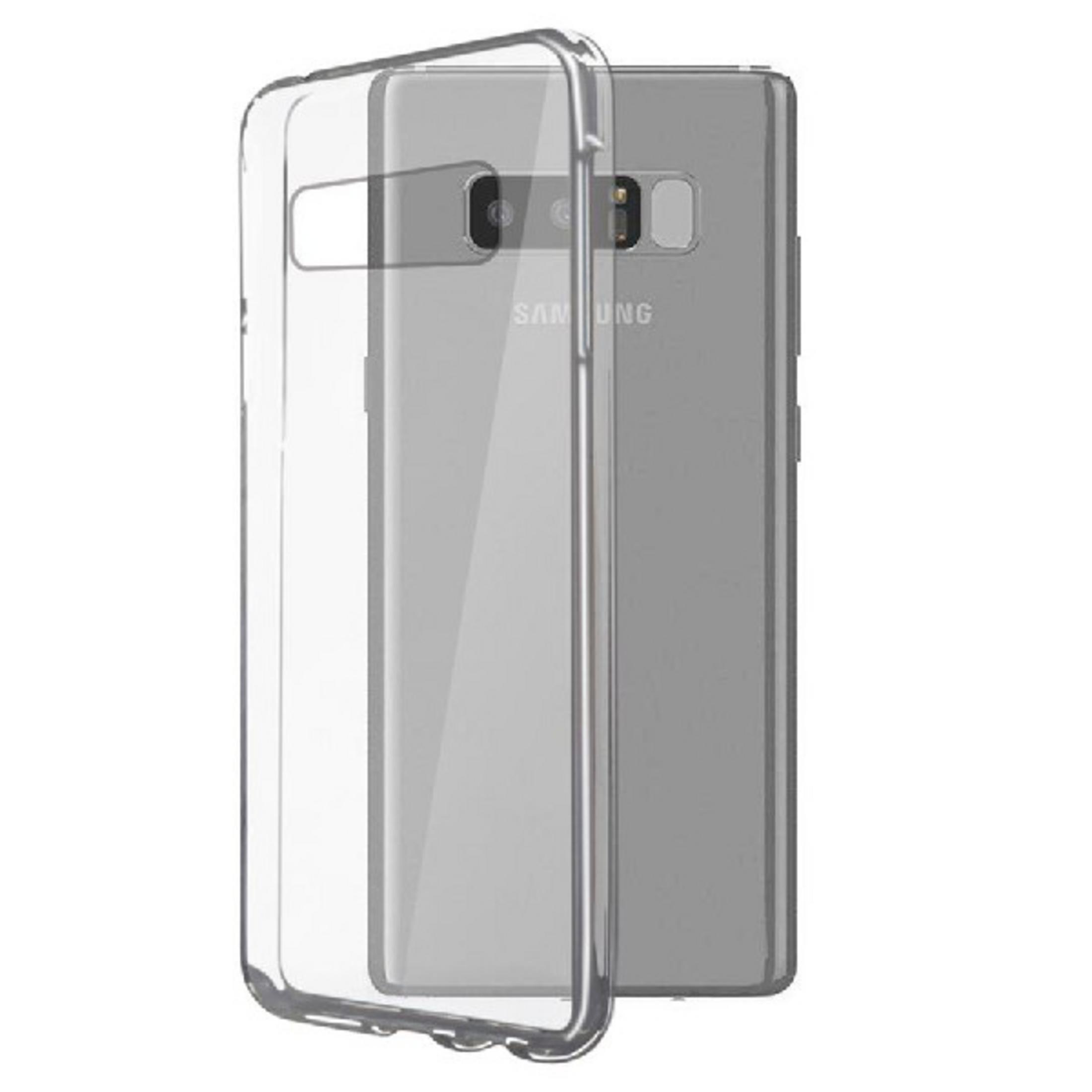 Una custodia trasparente per telefono su un telefono Samsung argentato.