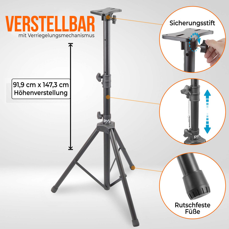 Verstellbarer schwarzer Lautsprecherständer mit Dreibeinstativ, Höhe 91,9-147,3 cm.