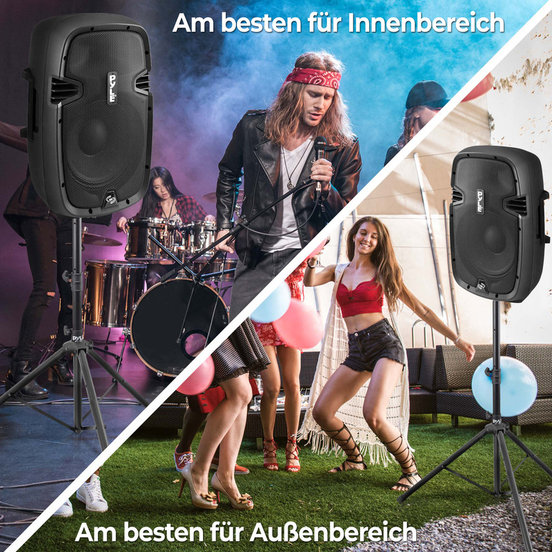 Lautsprecher für Innen- und Außenbereiche mit Bands und tanzenden Menschen.