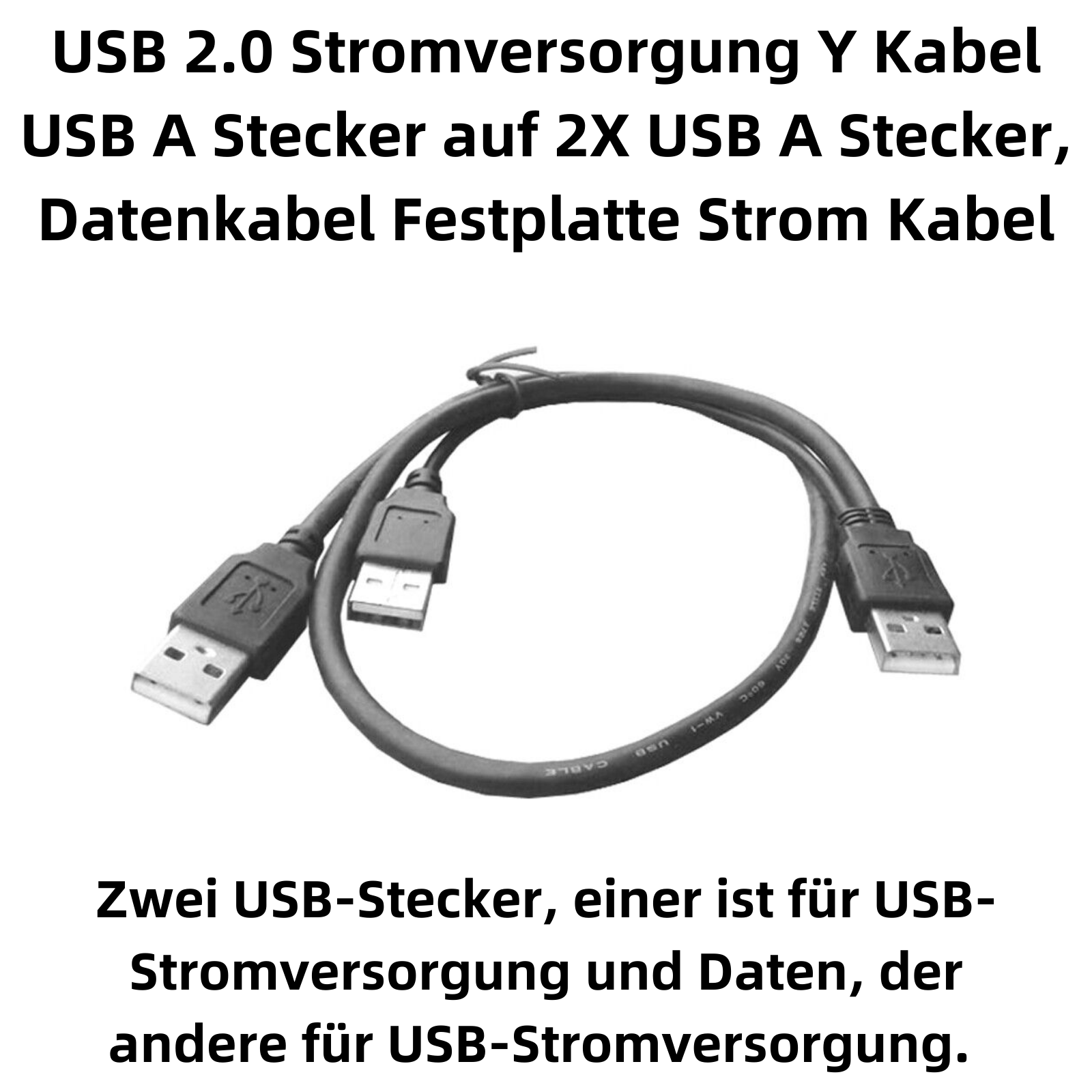 Ein schwarzes USB 2.0 Y-Kabel mit zwei USB-A-Steckern.