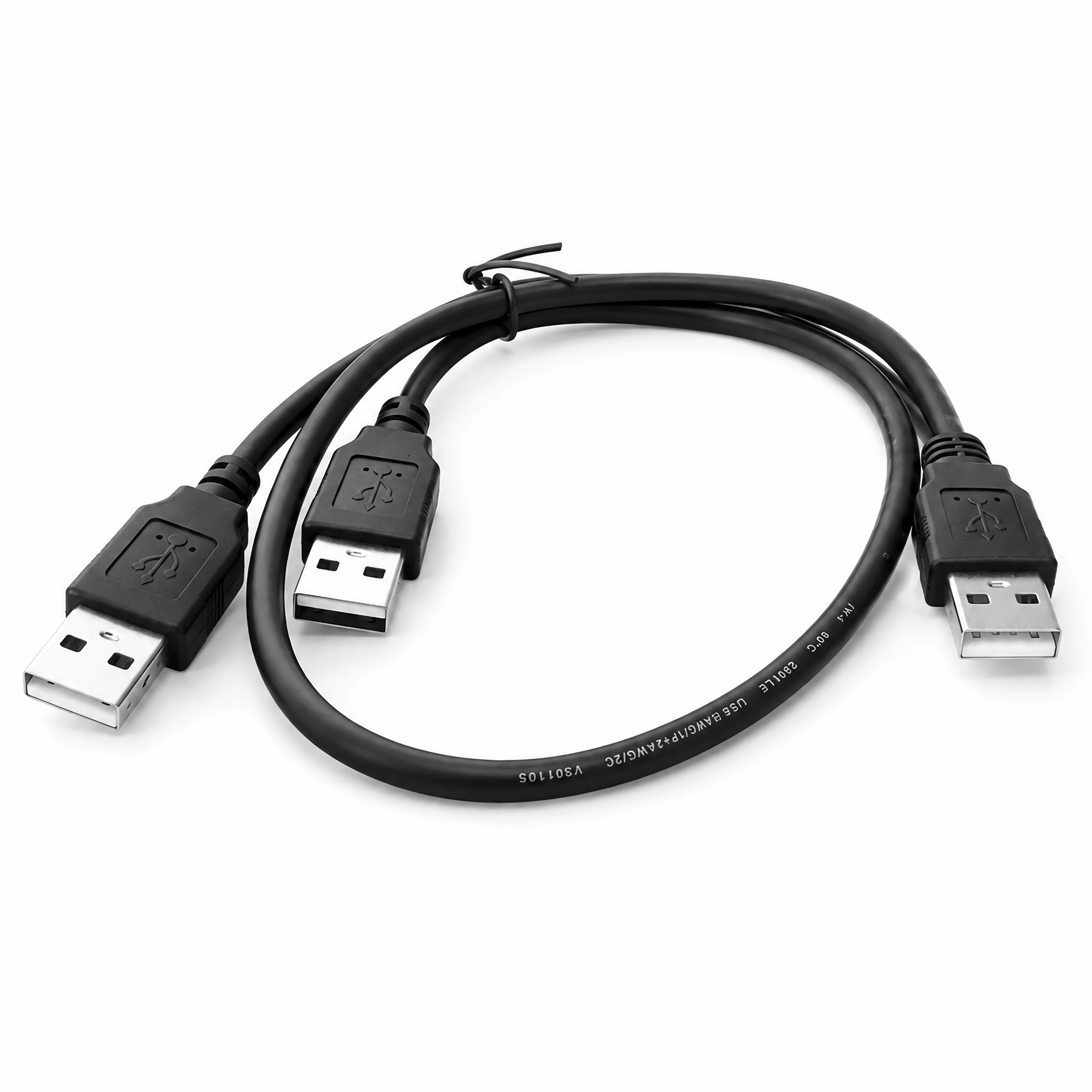 Schwarzes USB-Kabel mit zwei USB-A-Steckern und einem geteilten Kabel.