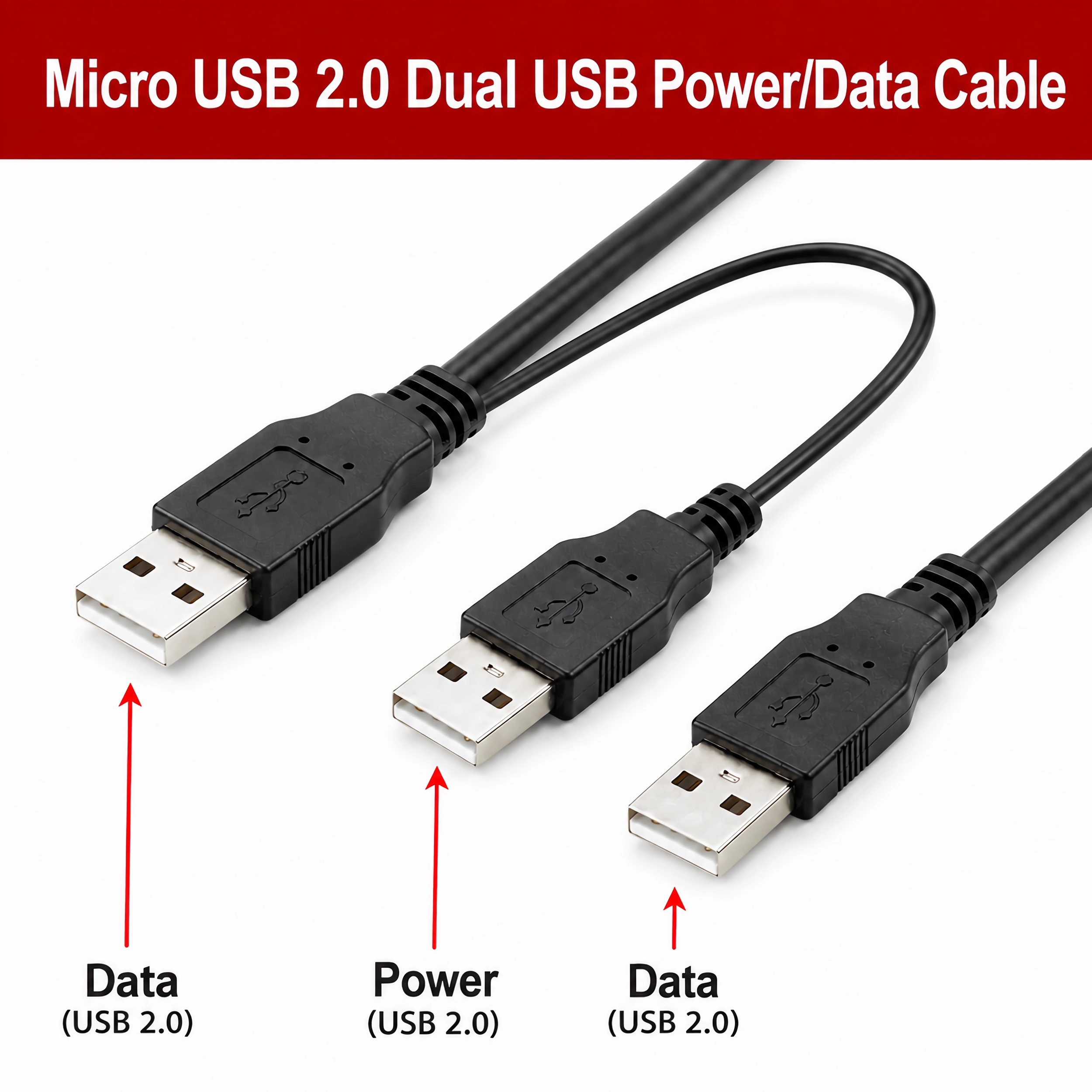 Drei schwarze USB-Kabel mit verschiedenen Anschlüssen auf weißem Hintergrund.