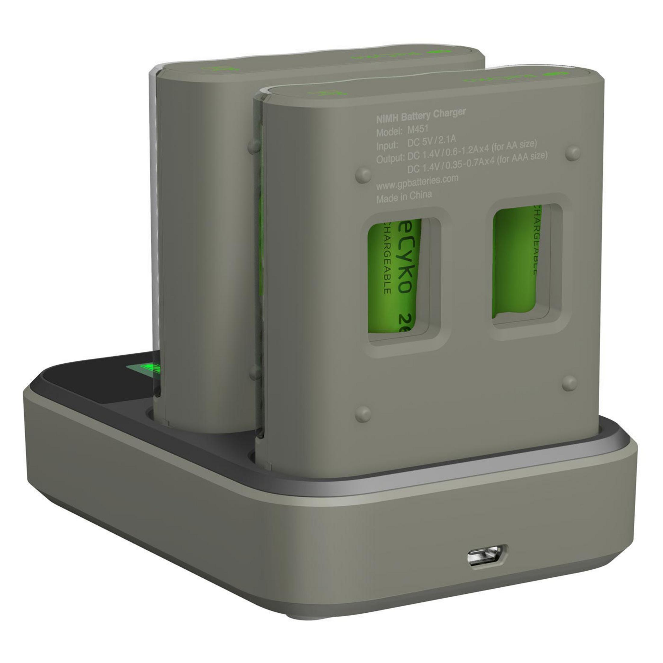 Ein graues Ladegerät mit zwei eingelegten AA-Batterien. Ein grünes Licht leuchtet.