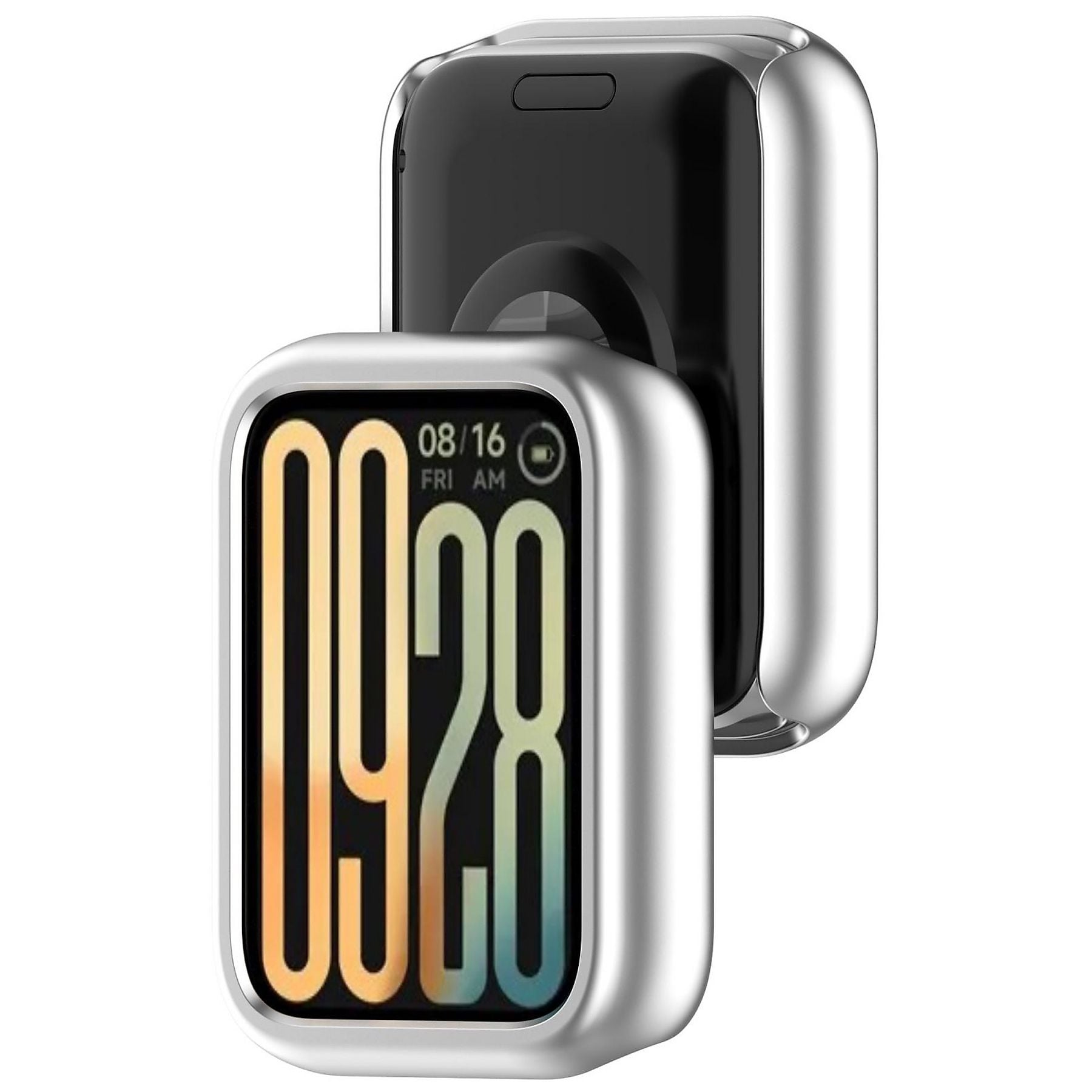 Silbernes Smartwatch-Gehäuse mit schwarzem Hintergrund und Zifferblatt.