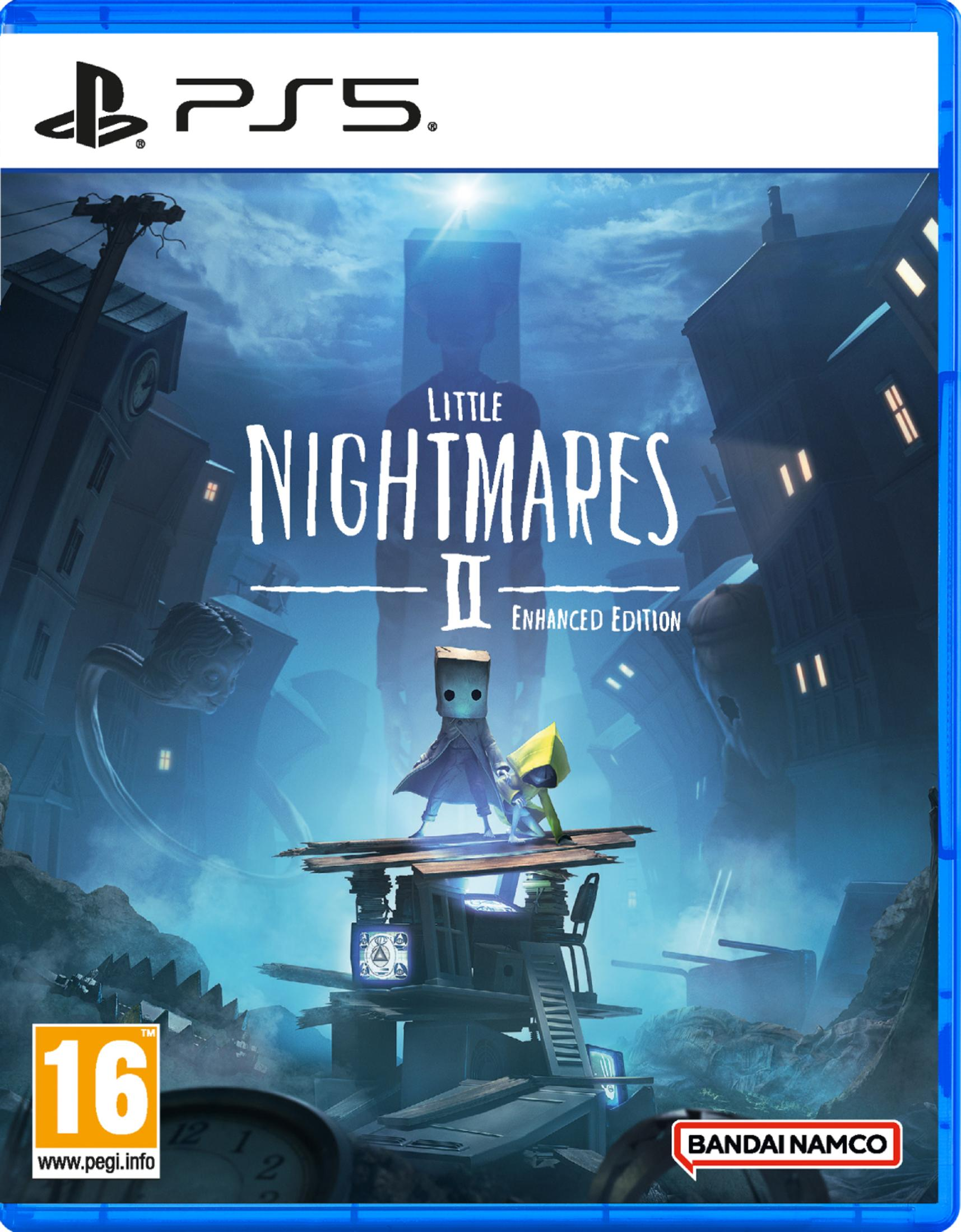 Copertina Little Nightmares II: Due bambini su una piattaforma davanti a edifici scuri.