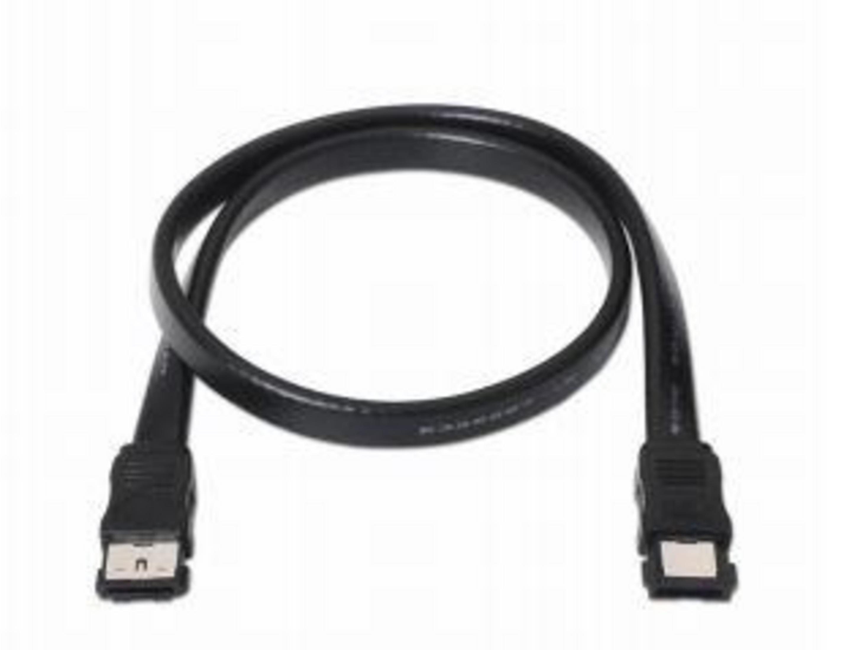 Un cavo SATA nero con due connettori su sfondo bianco.