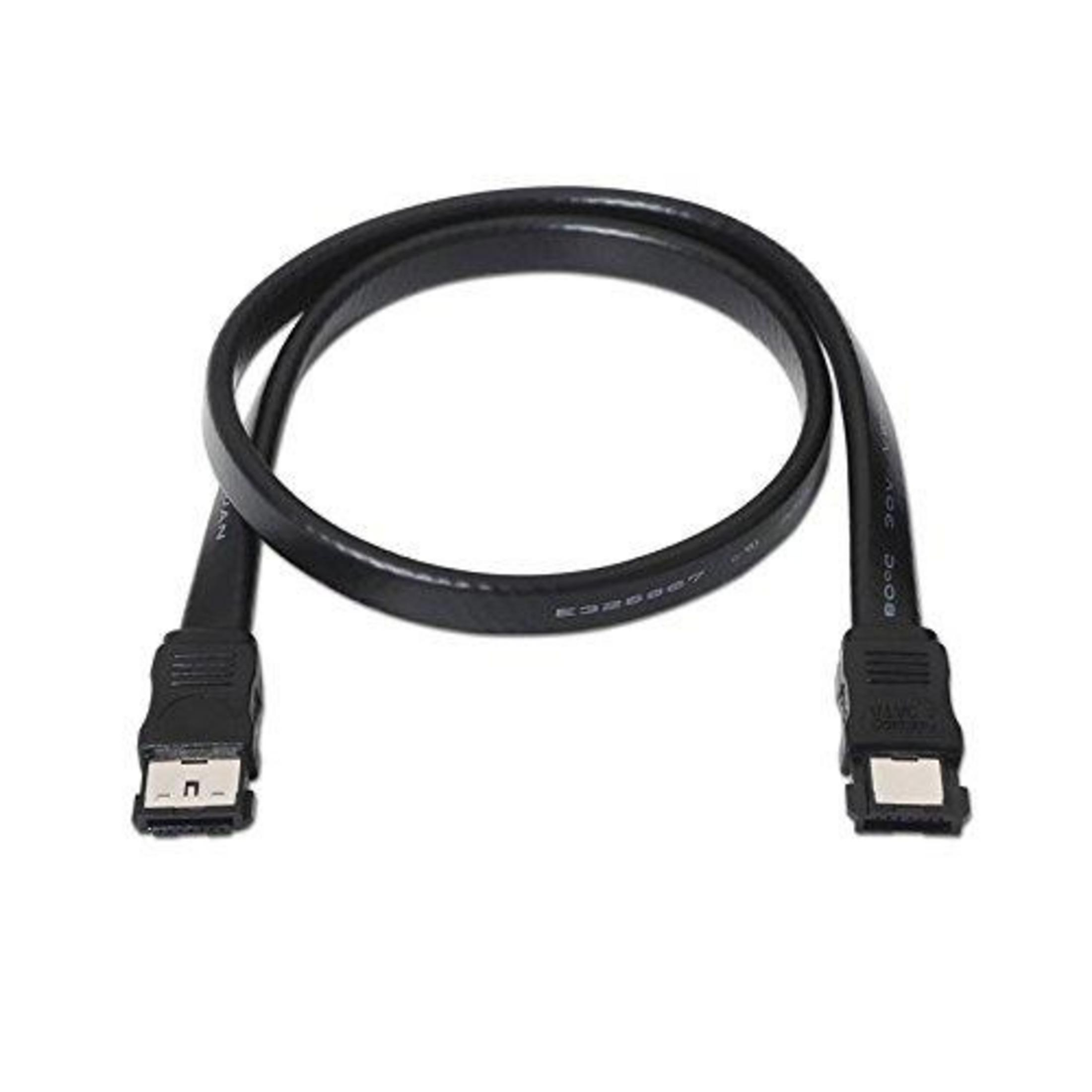 Un cavo dati SATA nero con connettori a L su entrambe le estremità.