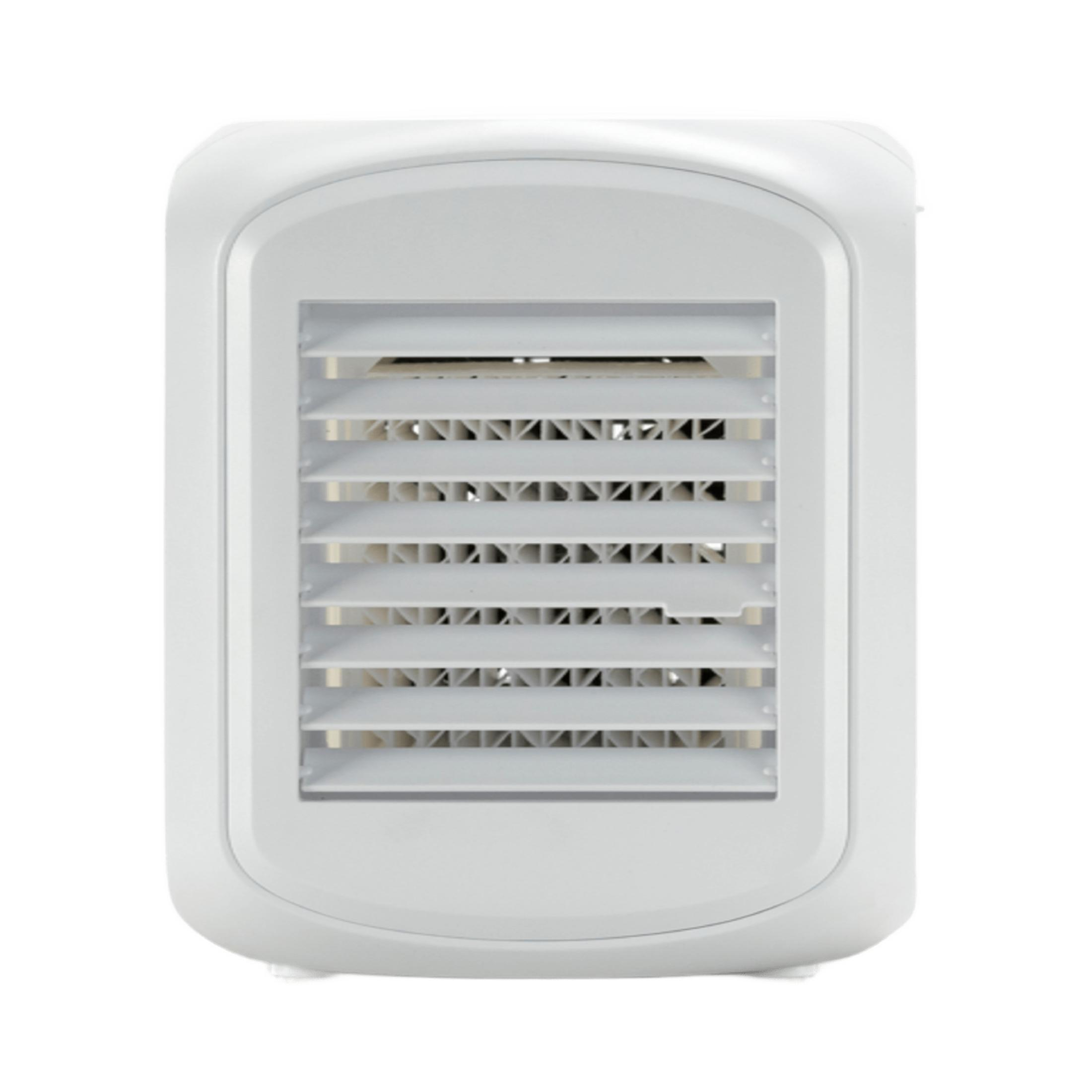 Un purificatore d'aria bianco con alette di ventilazione su sfondo bianco.