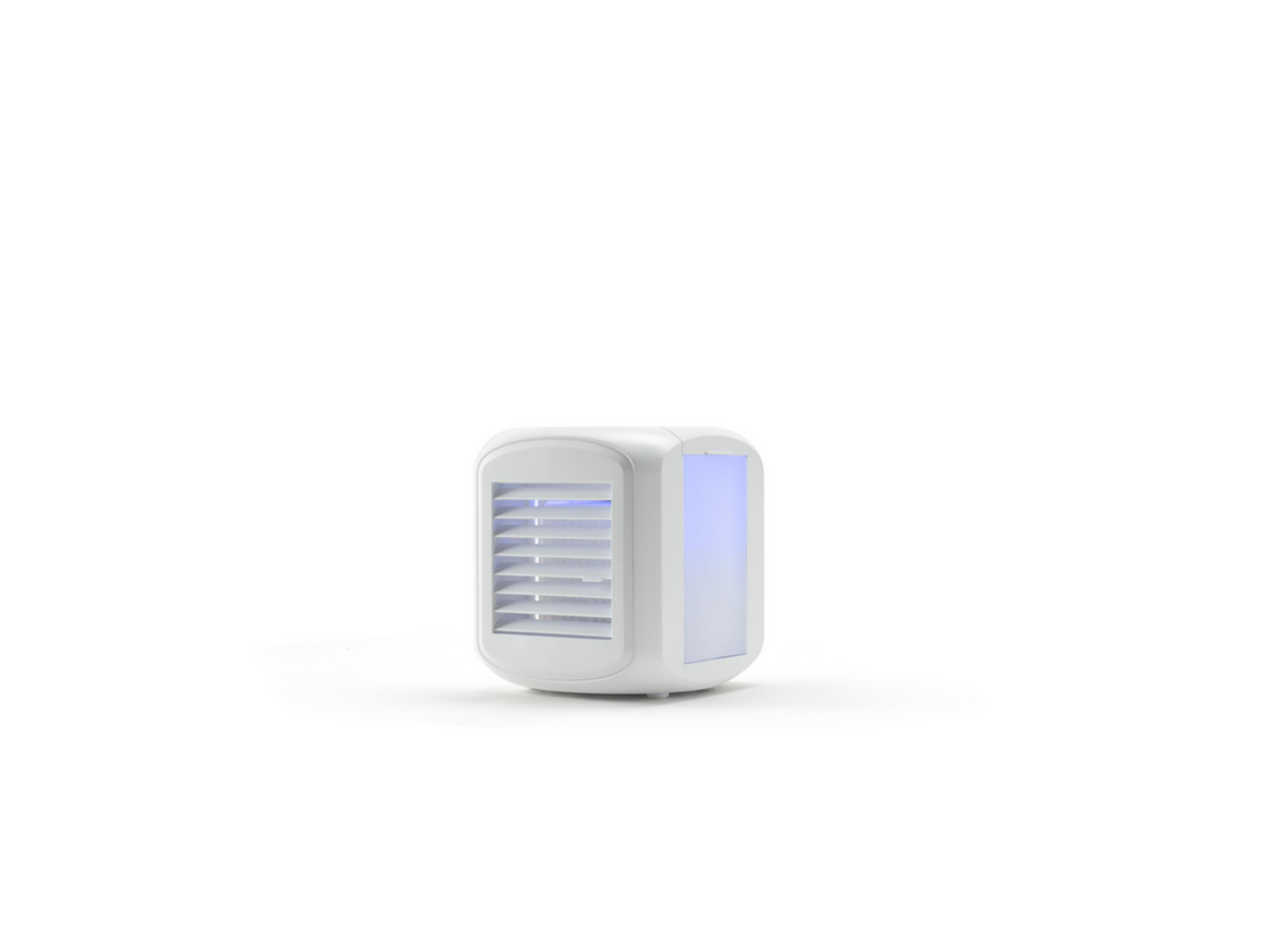 Un purificatore d'aria bianco con luci blu e alette di ventilazione.