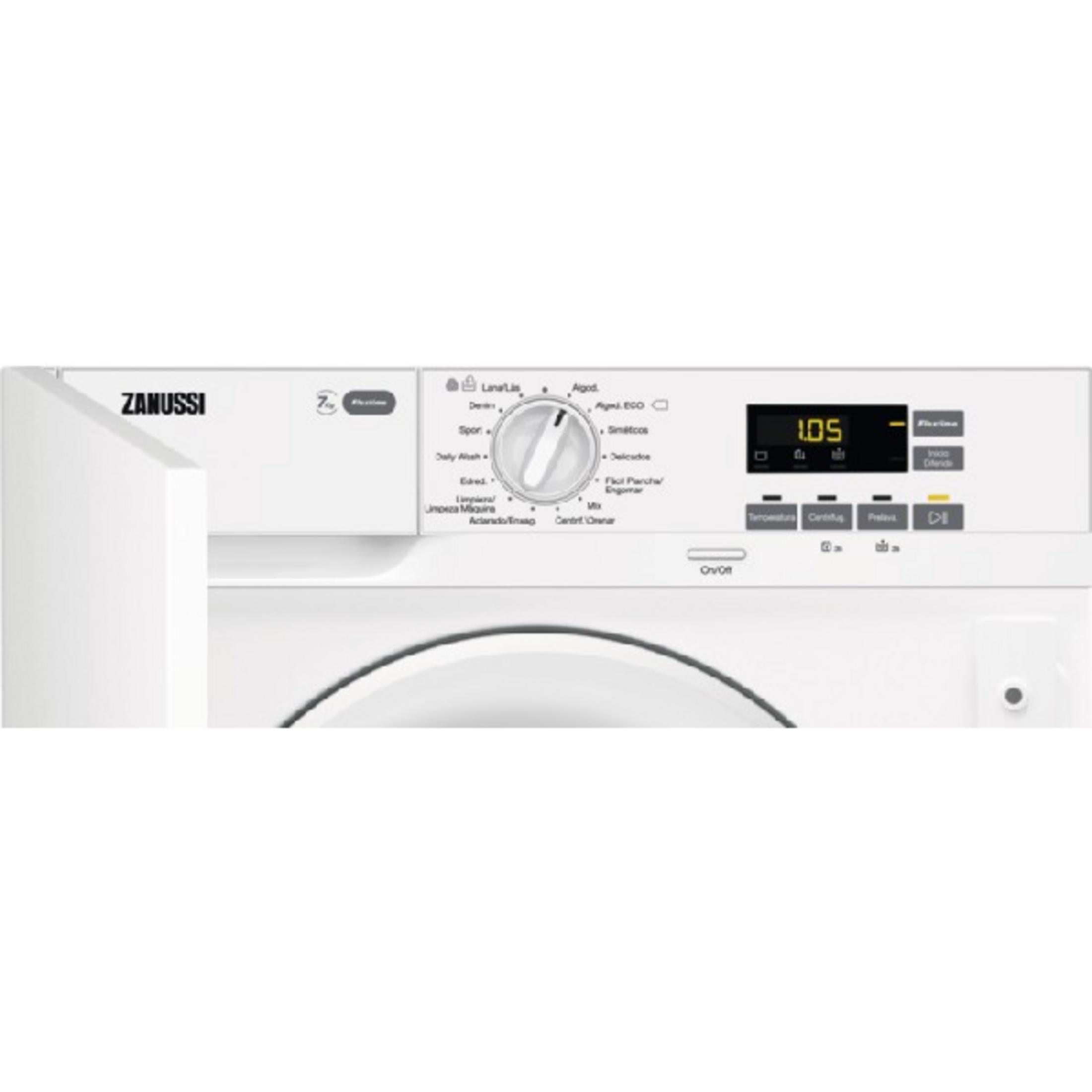 Una lavadora Zanussi blanca con panel de control, dial y pantalla digital.