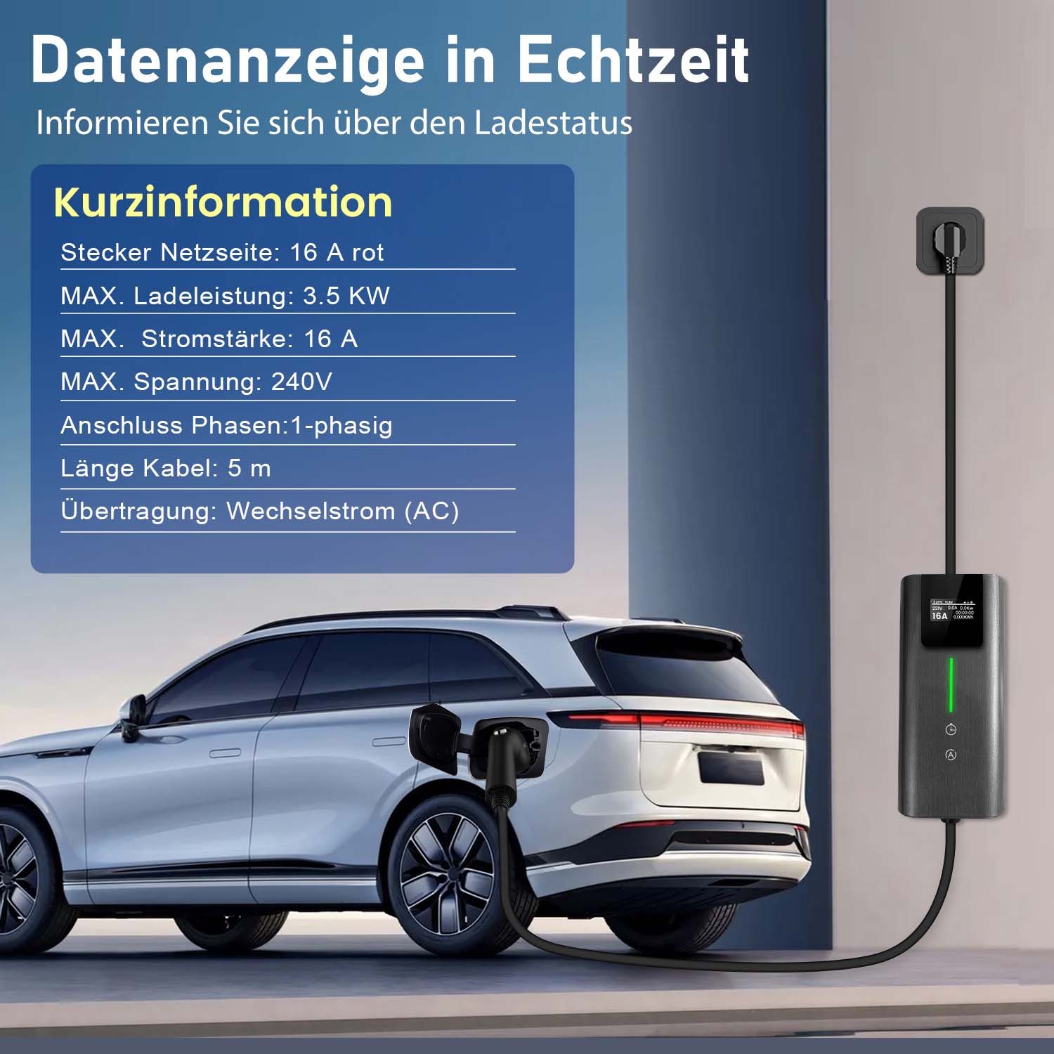 Ein Elektroauto wird mit einem Ladegerät verbunden, das technische Daten anzeigt.