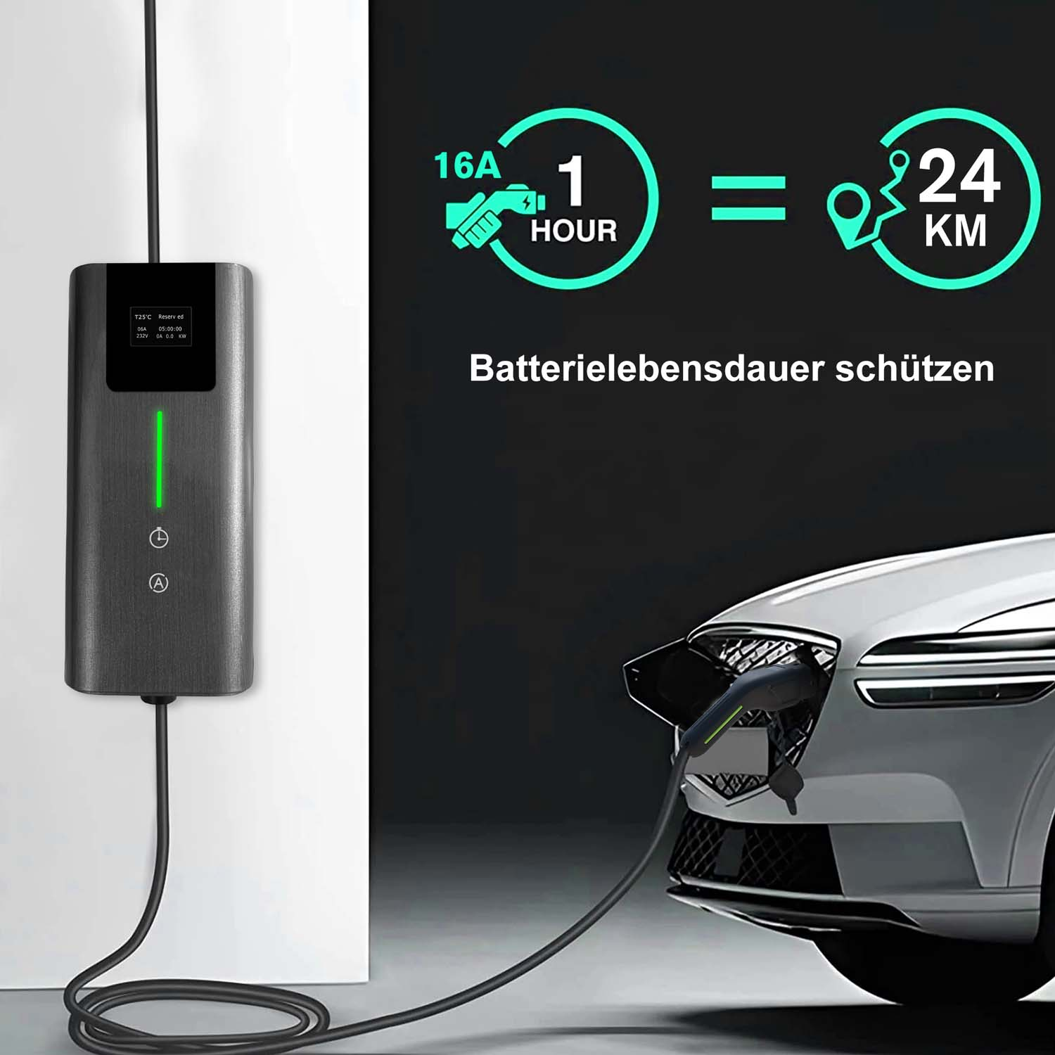 Ein E-Auto wird geladen. 16A für 1 Stunde = 24 km Reichweite.