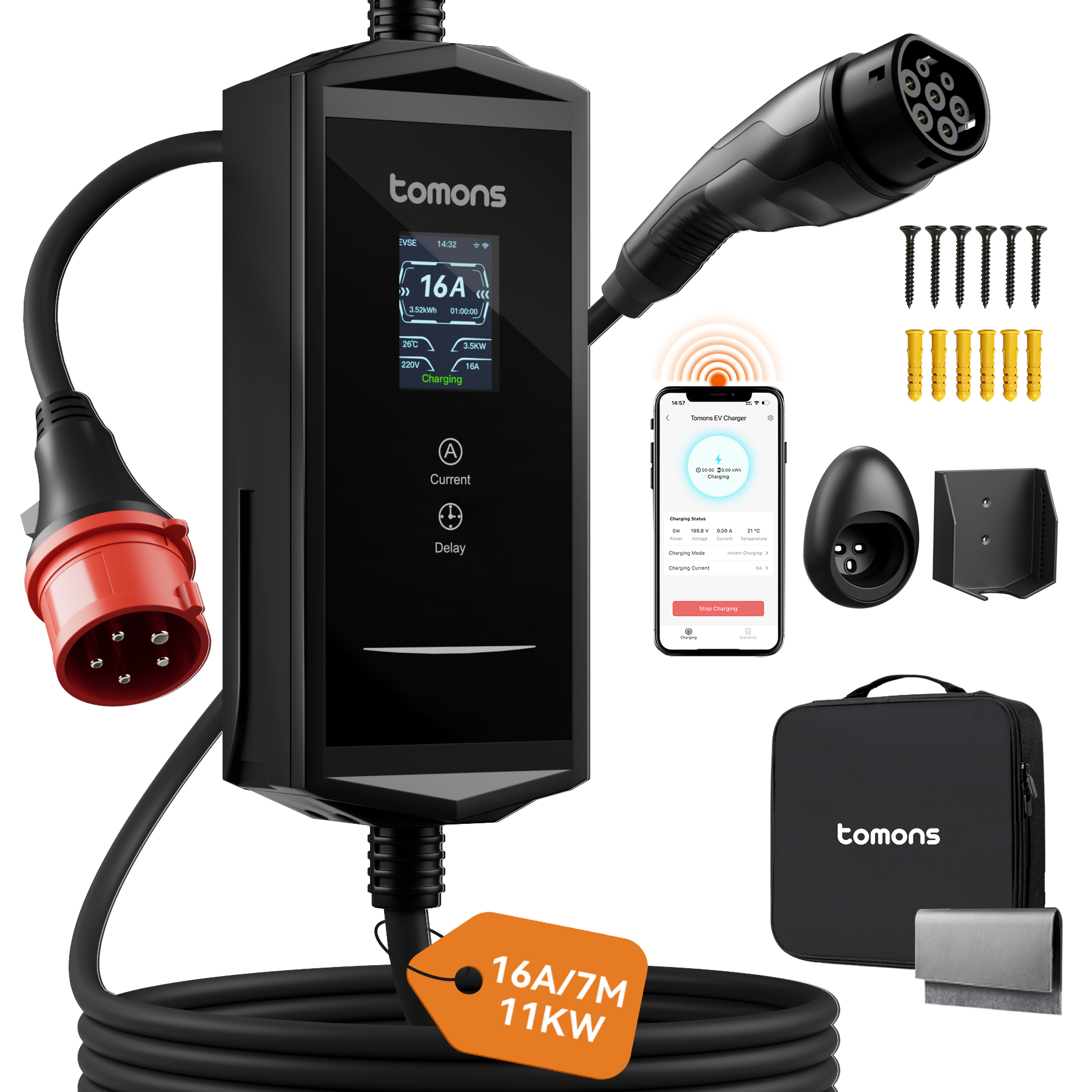 Ein schwarzes EV-Ladegerät mit Kabel, Stecker, Wandhalterung, Tasche und App-Anzeige.