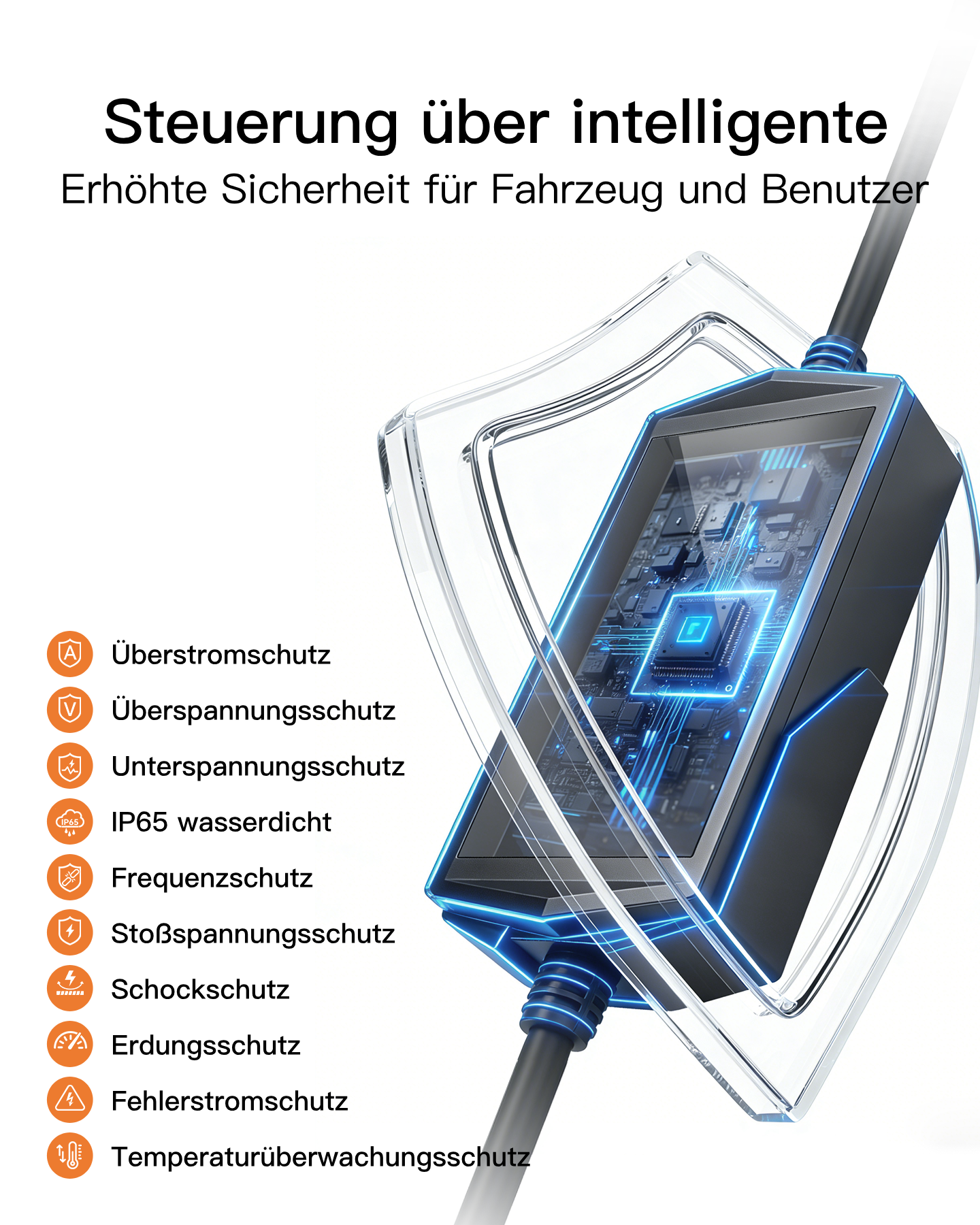 Intelligente Steuerung mit Schutzfunktionen und IP65-Wasserdichtigkeit.