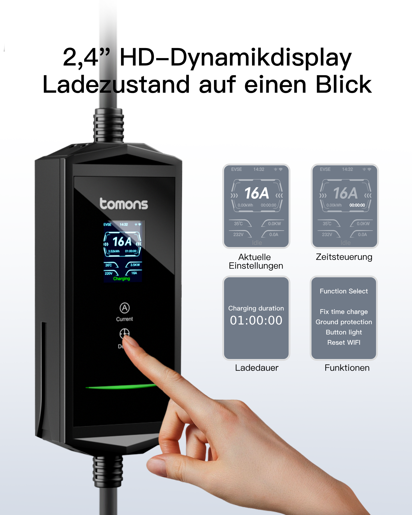 Ein schwarzes Ladegerät mit einem Touchscreen, das den Ladezustand anzeigt.