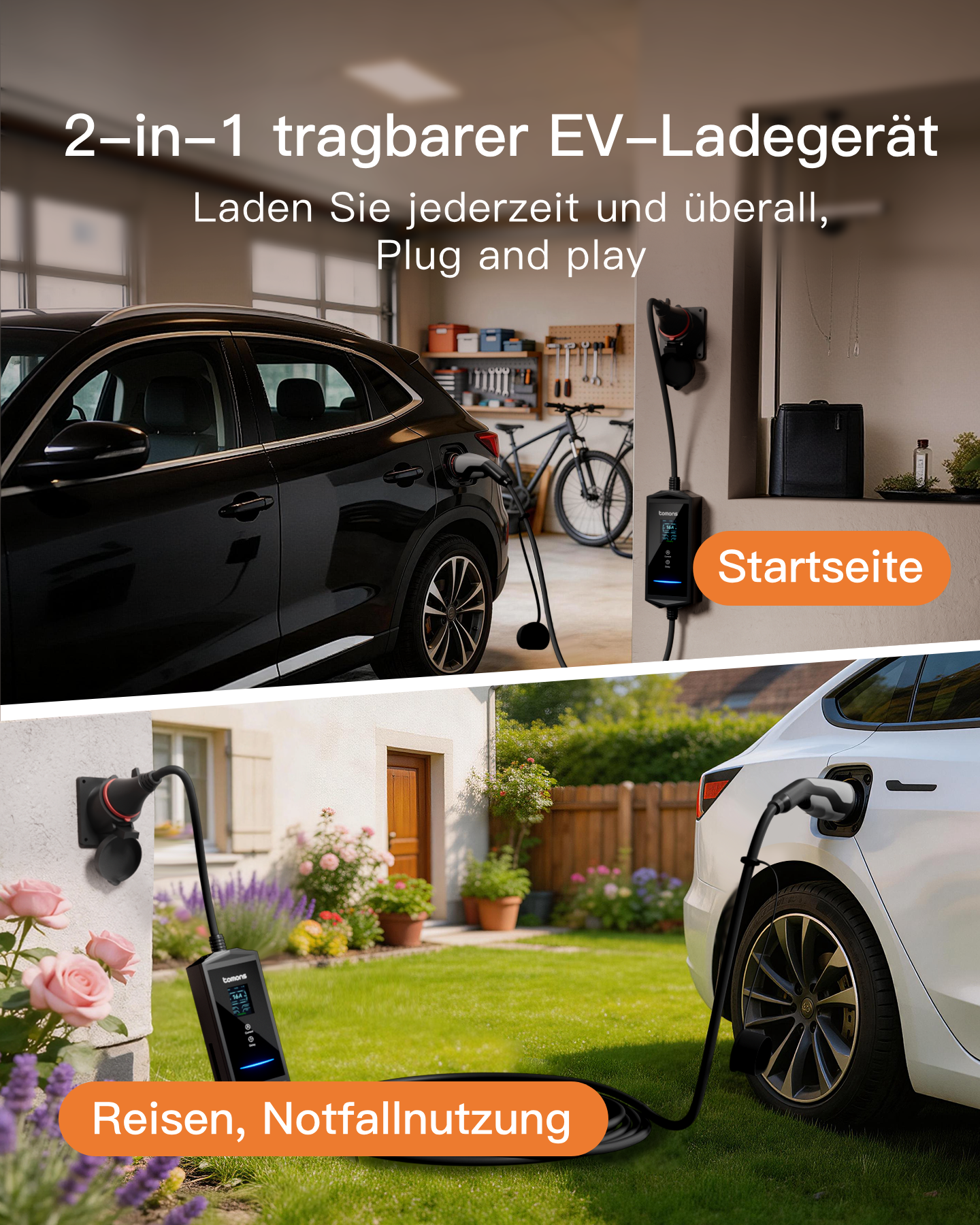 Zwei Elektroautos werden geladen, eines drinnen, eines draußen.