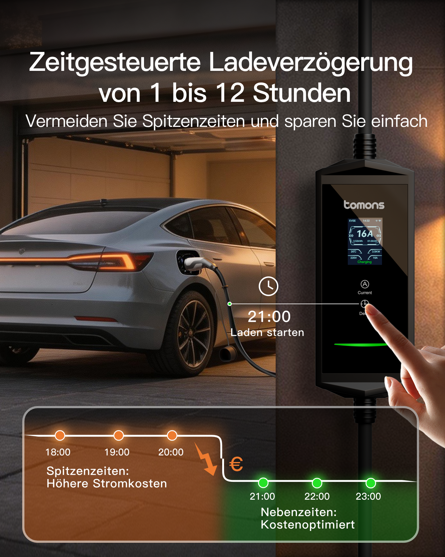 Ein Elektroauto wird geladen, mit einem Timer-Display für verzögertes Laden.