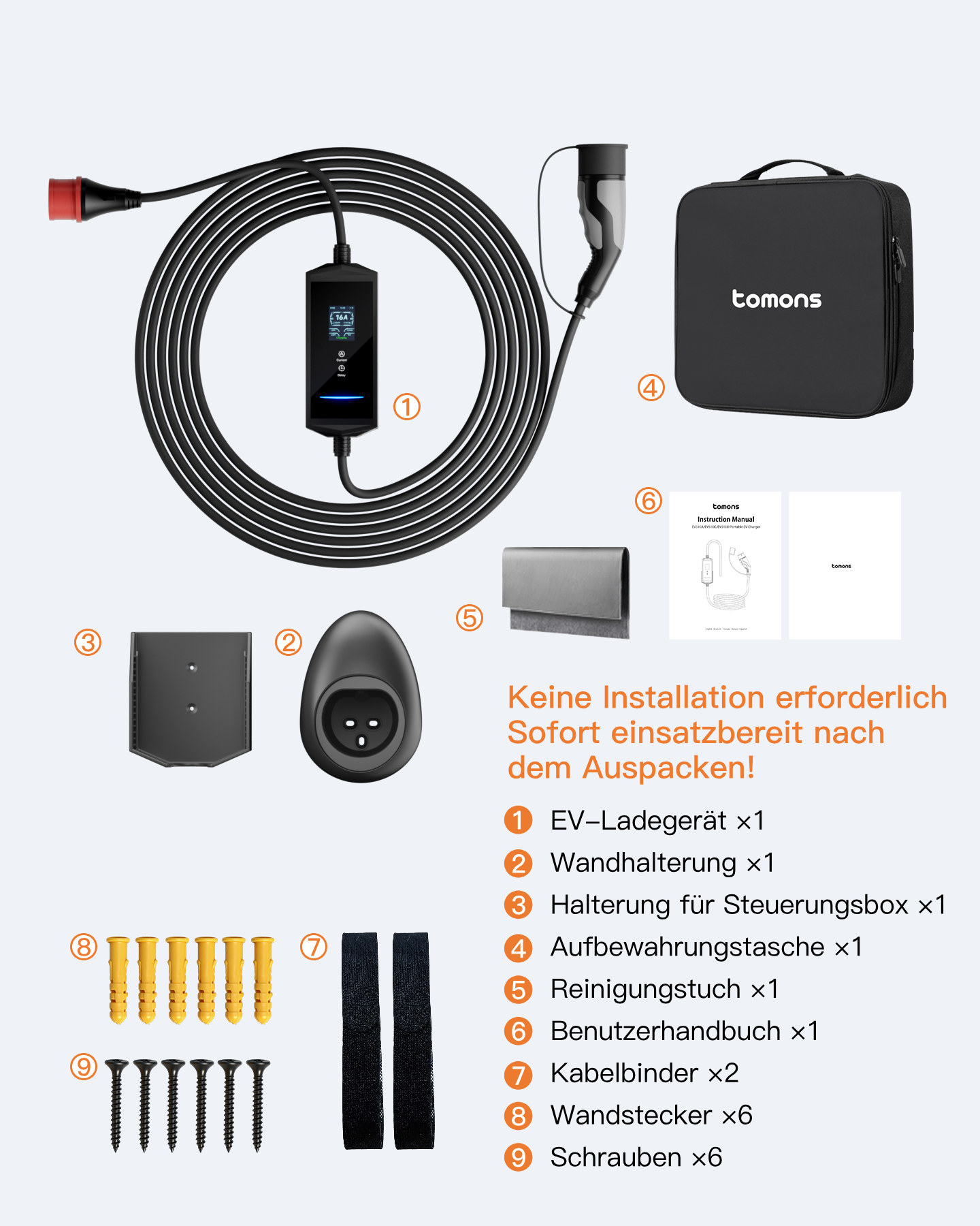 EV-Ladezubehör mit Kabel, Ladebox, Wandhalterung, Tasche, Handbuch und Befestigungsmaterial.