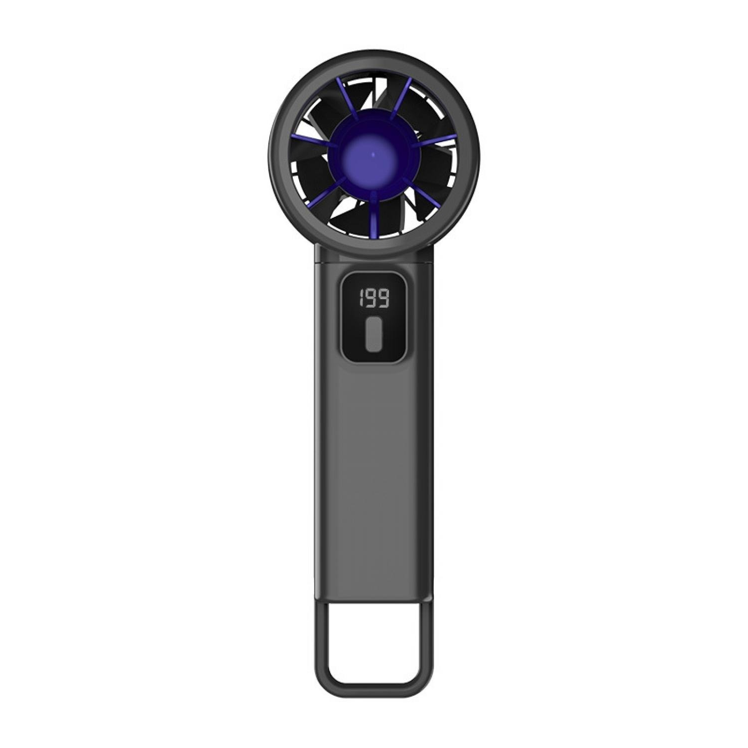 Ein tragbarer schwarzer Ventilator mit einem blauen Mittelteil und einem digitalen Display.
