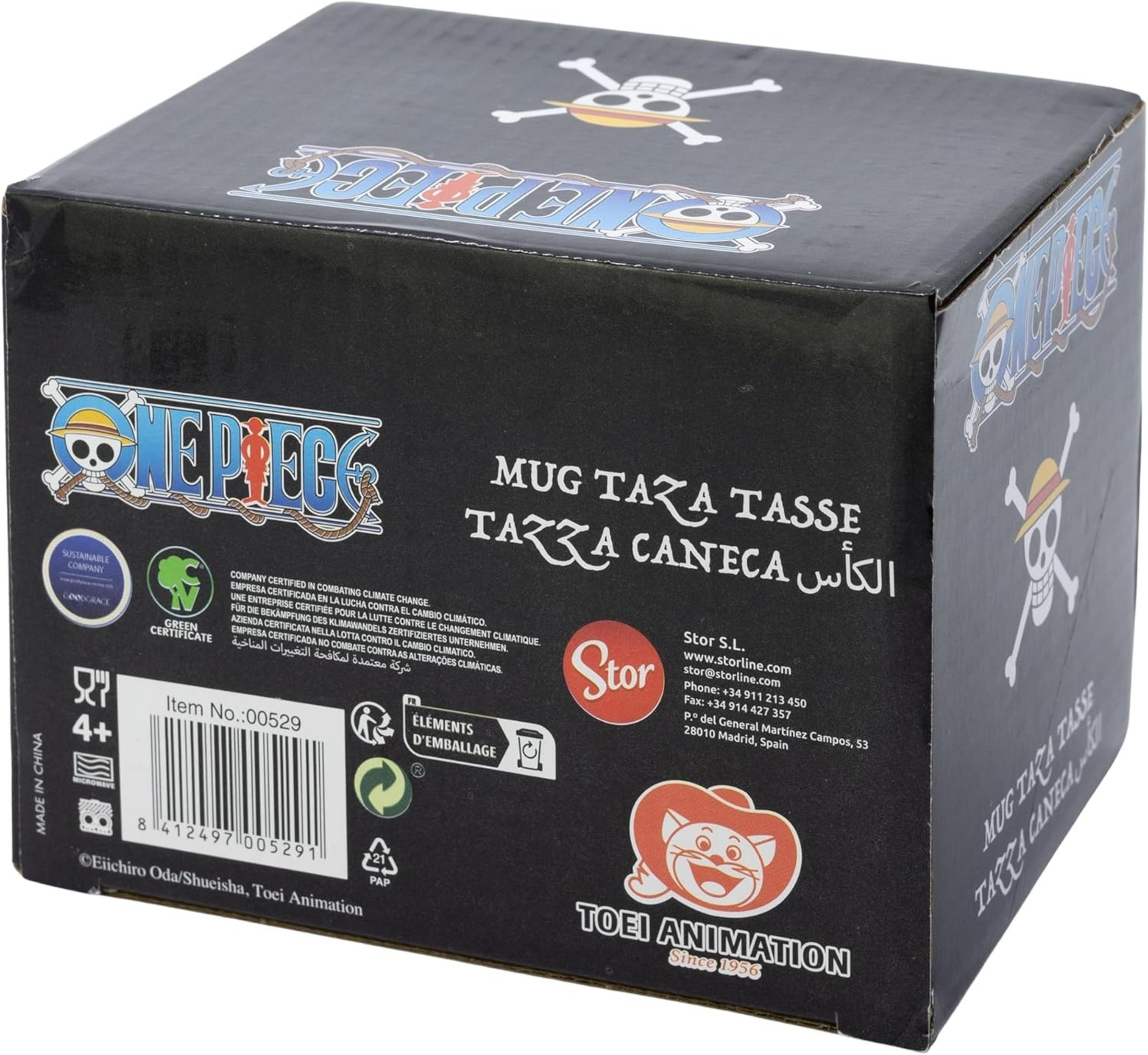 Caja negra con logo de One Piece, calavera e información del producto.