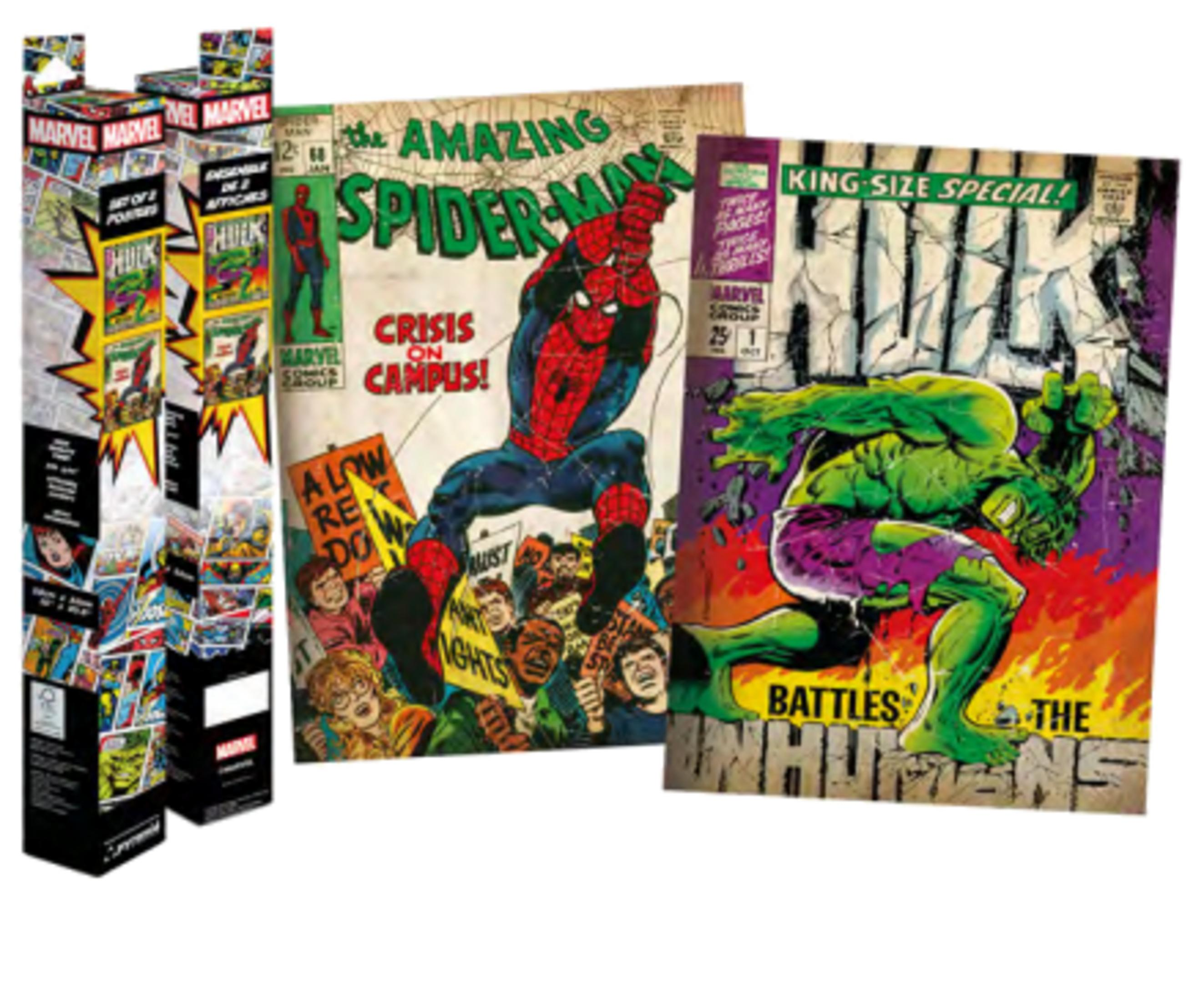 Marvel Comic Cover: Spider-Man und Hulk. Verpackung im Vordergrund.